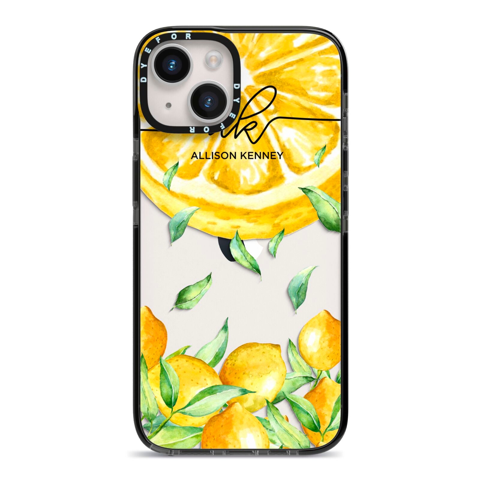 Personalised Lemon Slice iPhone 14 Black Impact Case on Silver phone