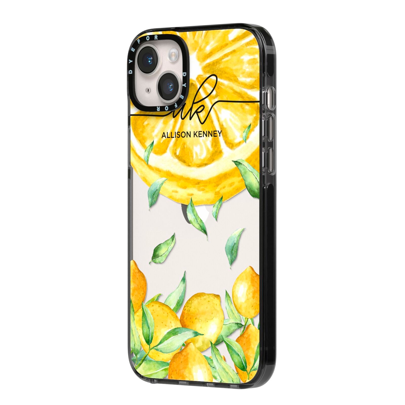 Personalised Lemon Slice iPhone 14 Plus Black Impact Case Side Angle on Silver phone