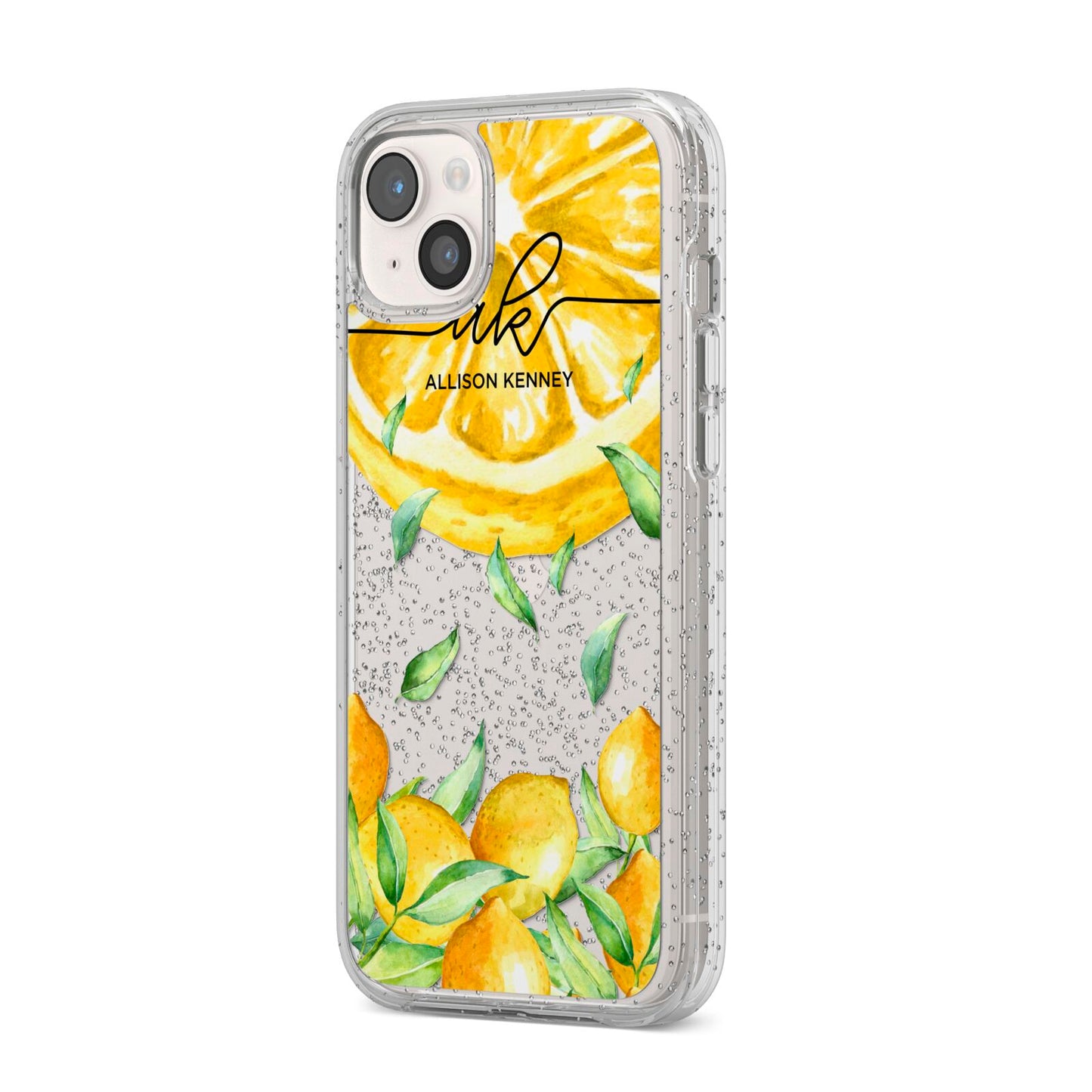 Personalised Lemon Slice iPhone 14 Plus Glitter Tough Case Starlight Angled Image