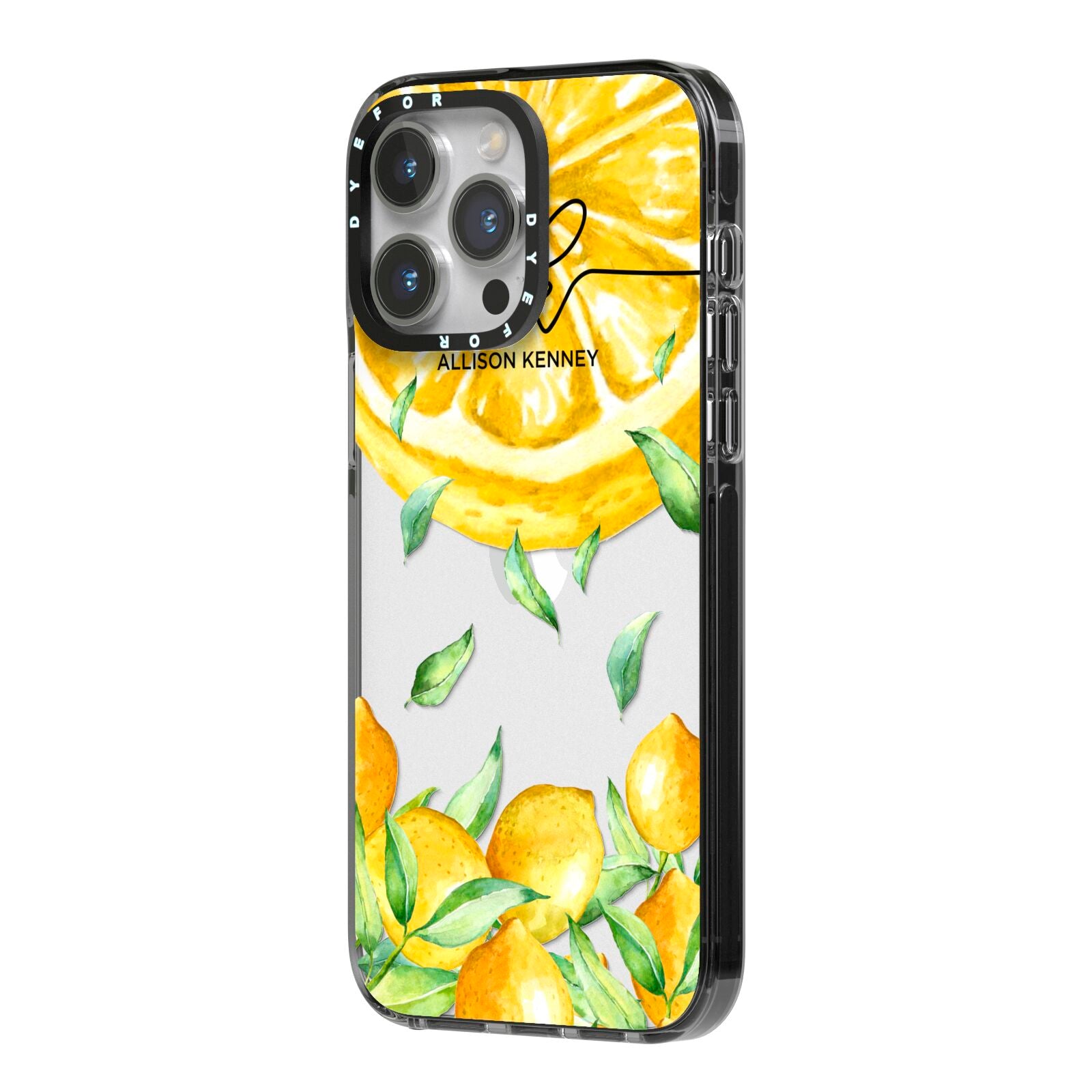 Personalised Lemon Slice iPhone 14 Pro Max Black Impact Case Side Angle on Silver phone