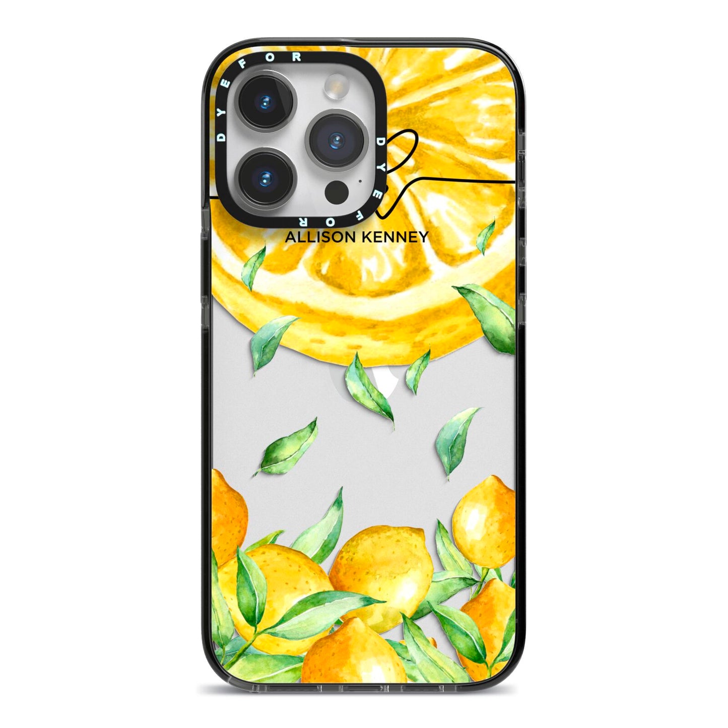 Personalised Lemon Slice iPhone 14 Pro Max Black Impact Case on Silver phone