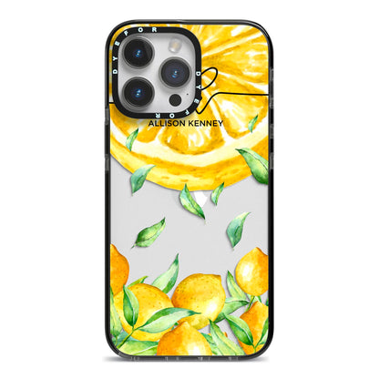 Personalised Lemon Slice iPhone 14 Pro Max Black Impact Case on Silver phone