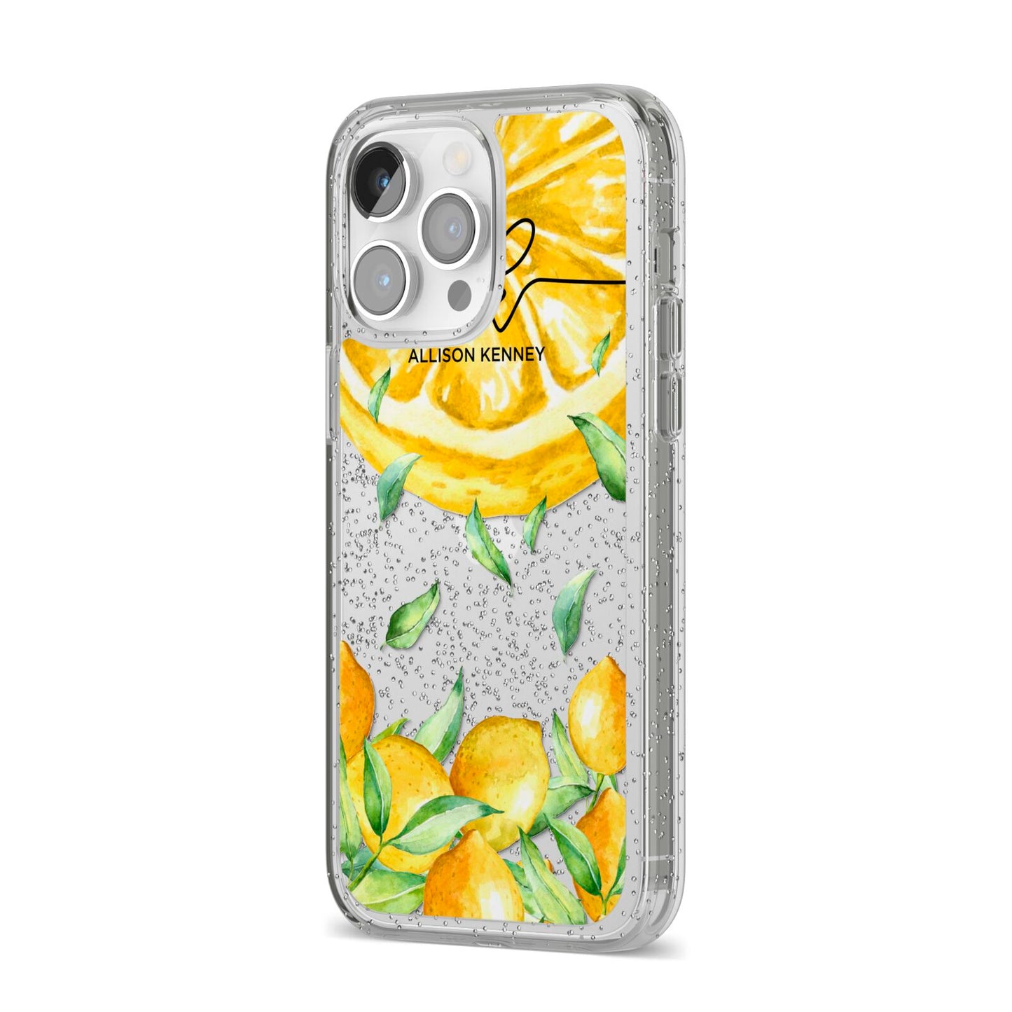 Personalised Lemon Slice iPhone 14 Pro Max Glitter Tough Case Silver Angled Image