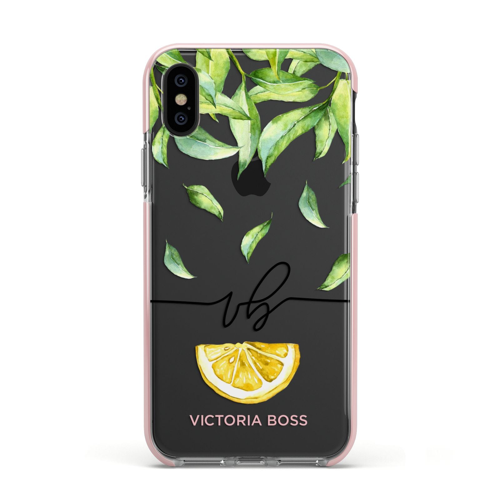 Personalised Lemon Wedge Apple iPhone Xs Impact Case Pink Edge on Black Phone