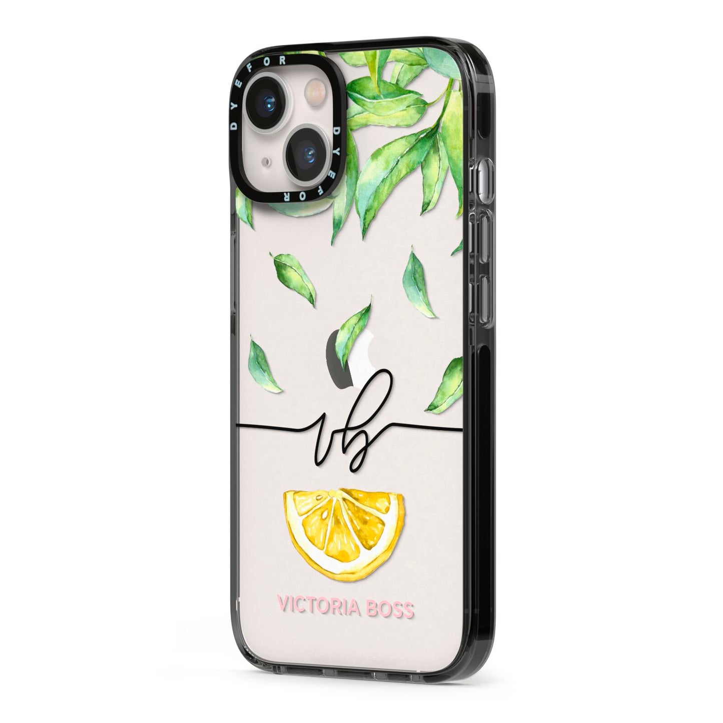 Personalised Lemon Wedge iPhone 13 Black Impact Case Side Angle on Silver phone