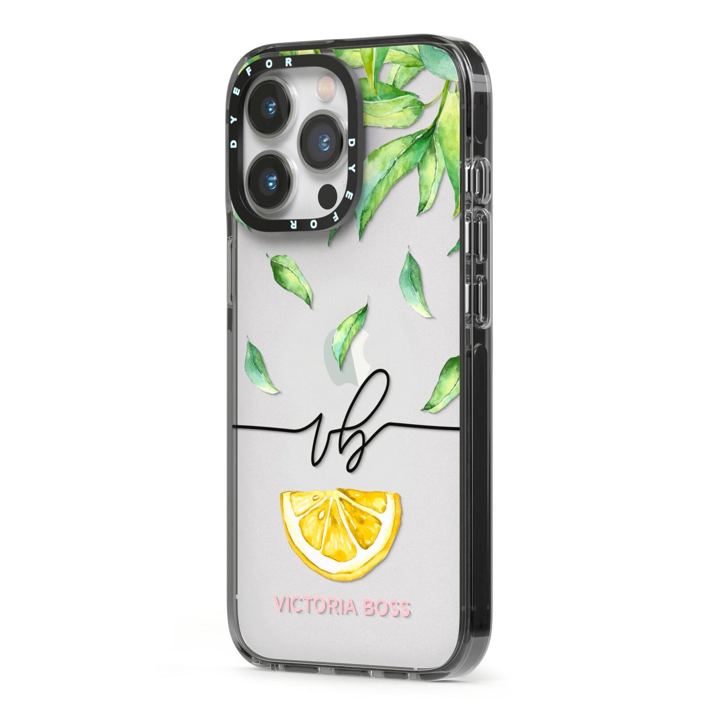 Personalised Lemon Wedge iPhone 13 Pro Black Impact Case Side Angle on Silver phone