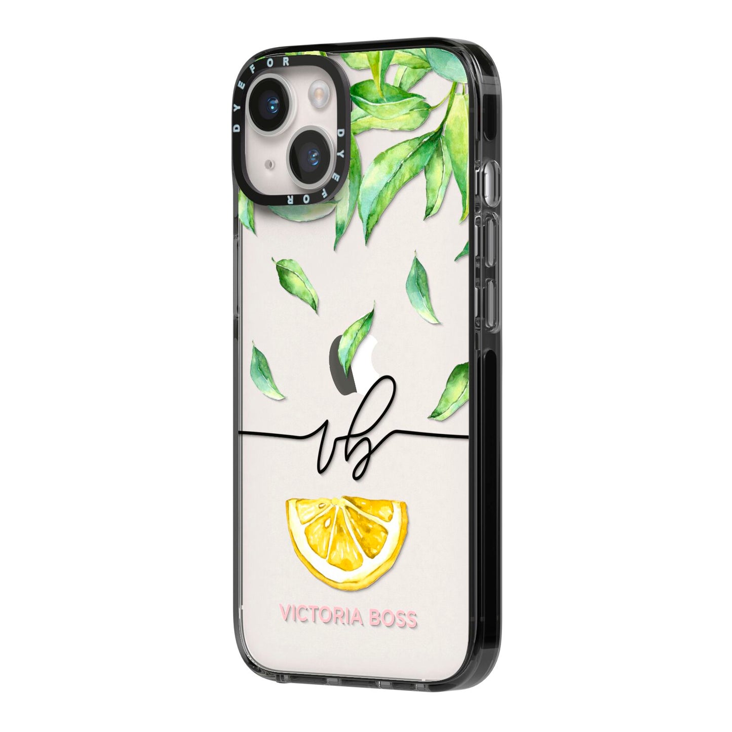 Personalised Lemon Wedge iPhone 14 Black Impact Case Side Angle on Silver phone