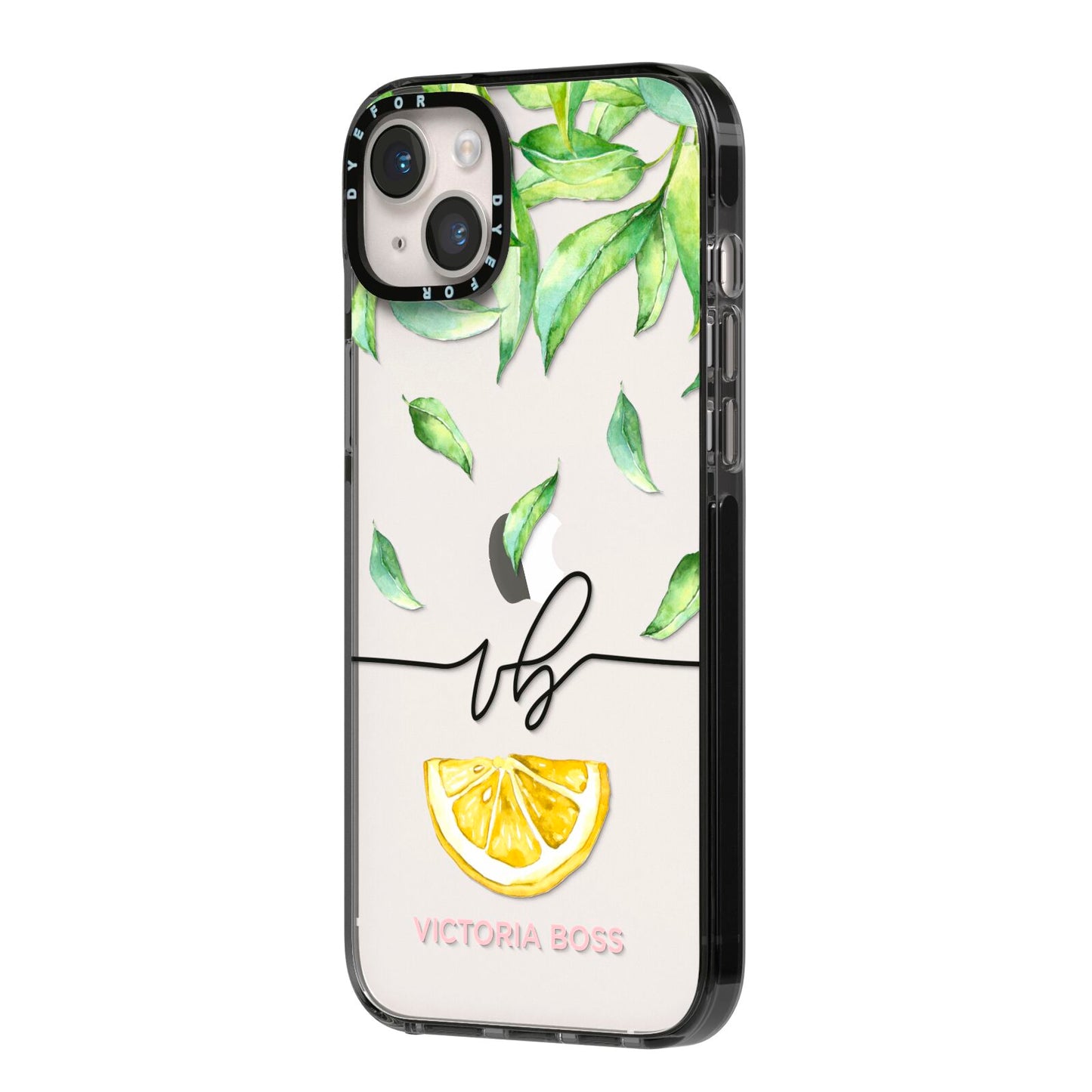 Personalised Lemon Wedge iPhone 14 Plus Black Impact Case Side Angle on Silver phone