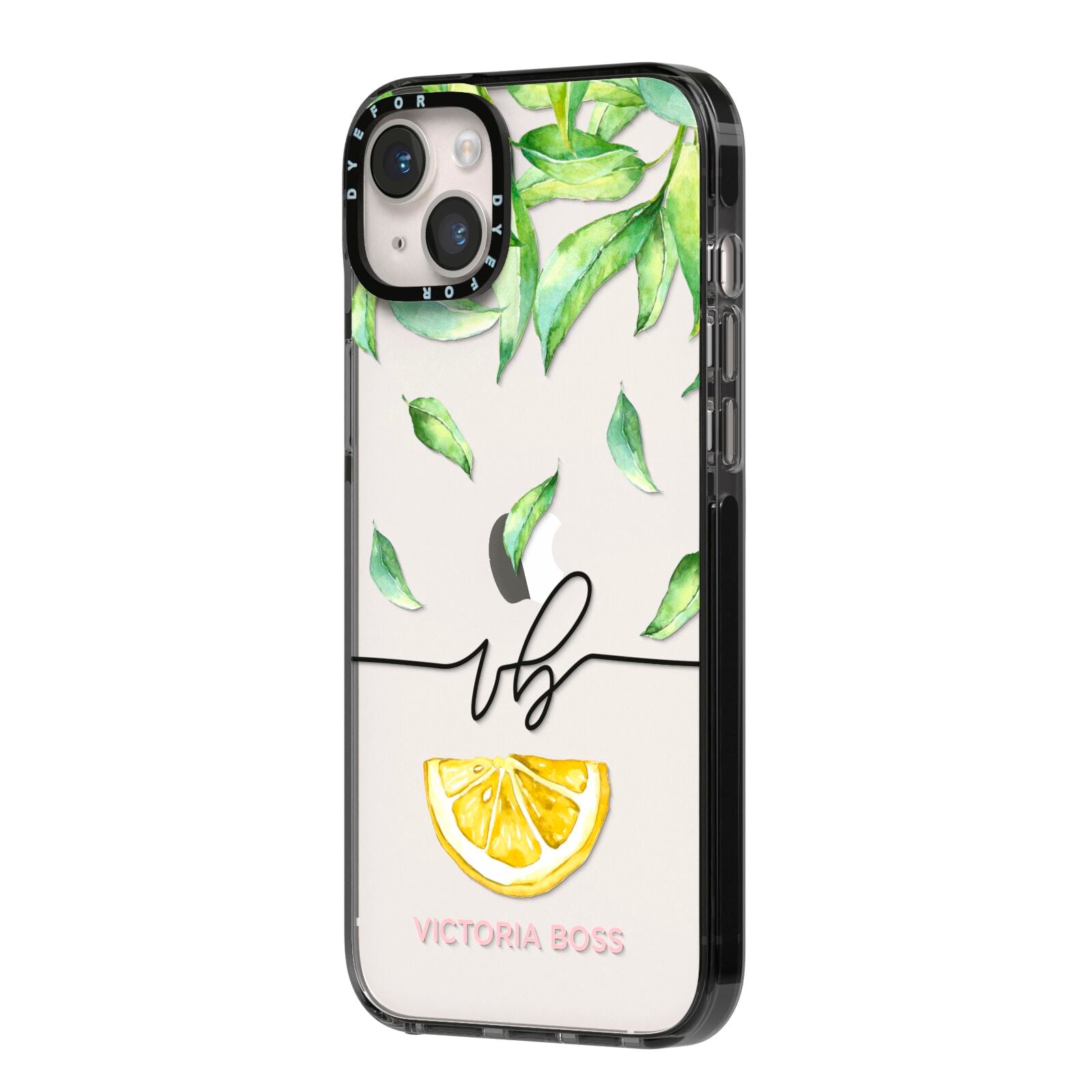Personalised Lemon Wedge iPhone 14 Plus Black Impact Case Side Angle on Silver phone