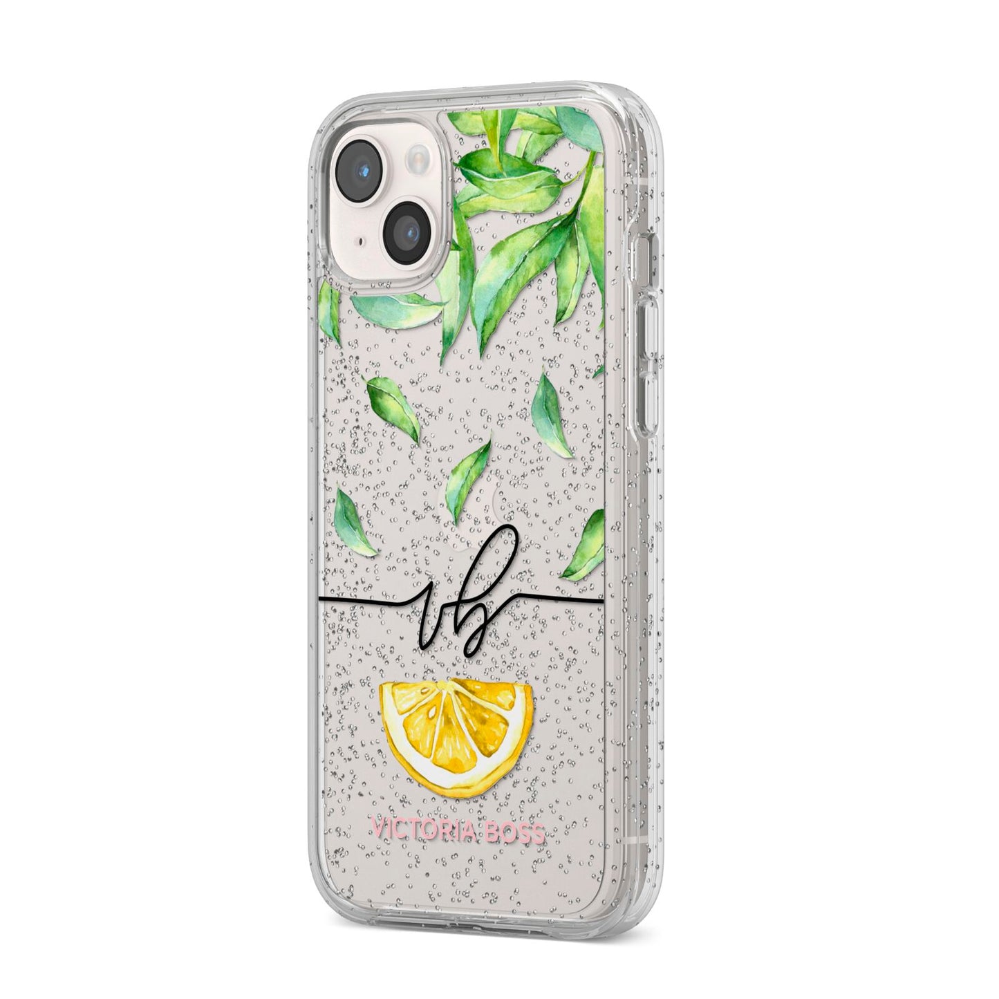 Personalised Lemon Wedge iPhone 14 Plus Glitter Tough Case Starlight Angled Image