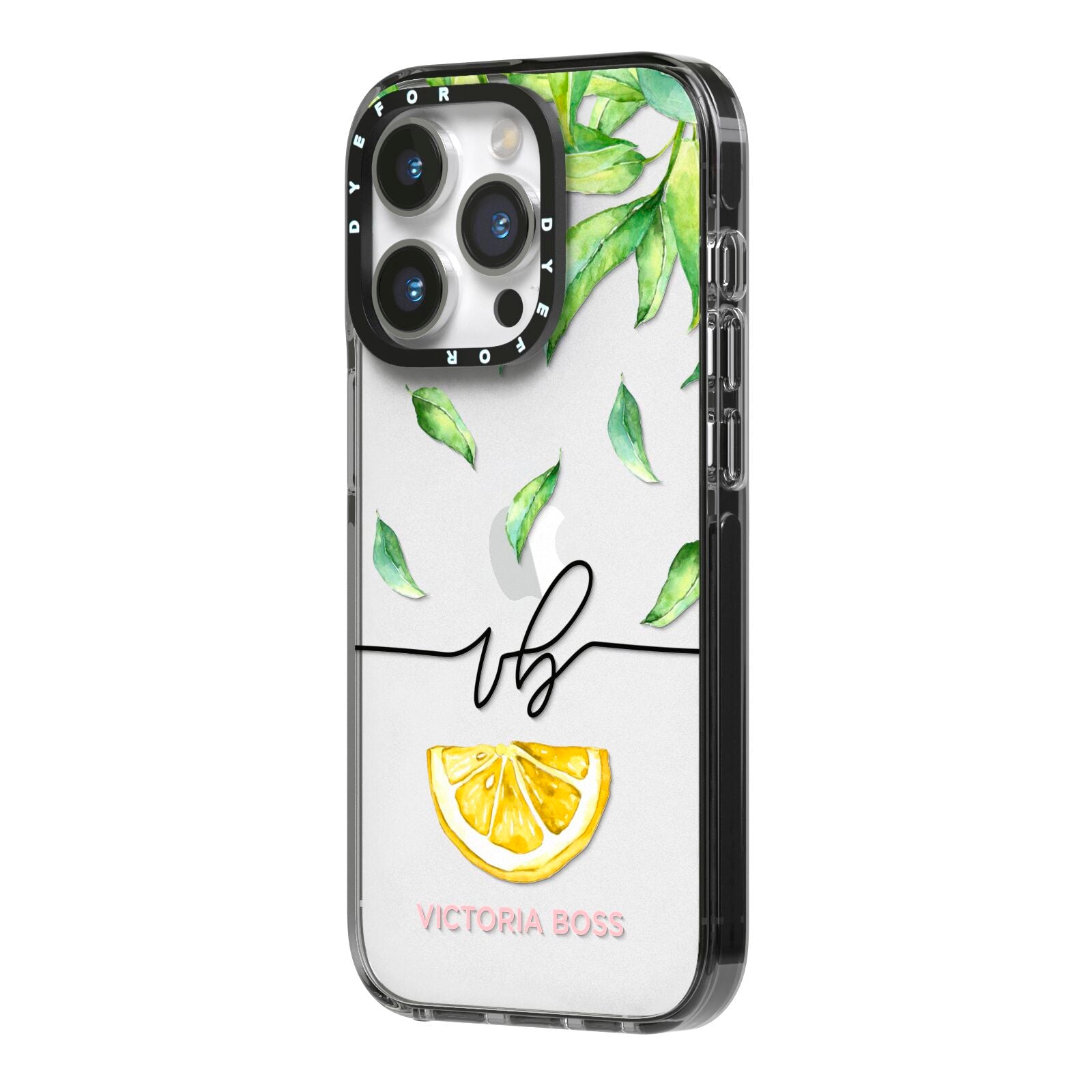 Personalised Lemon Wedge iPhone 14 Pro Black Impact Case Side Angle on Silver phone