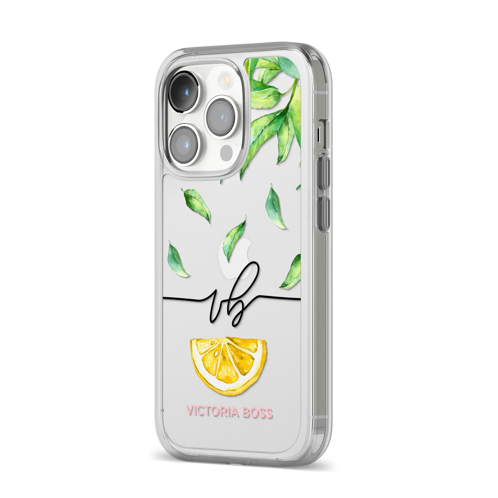 Personalised Lemon Wedge iPhone 14 Pro Clear Tough Case Silver Angled Image