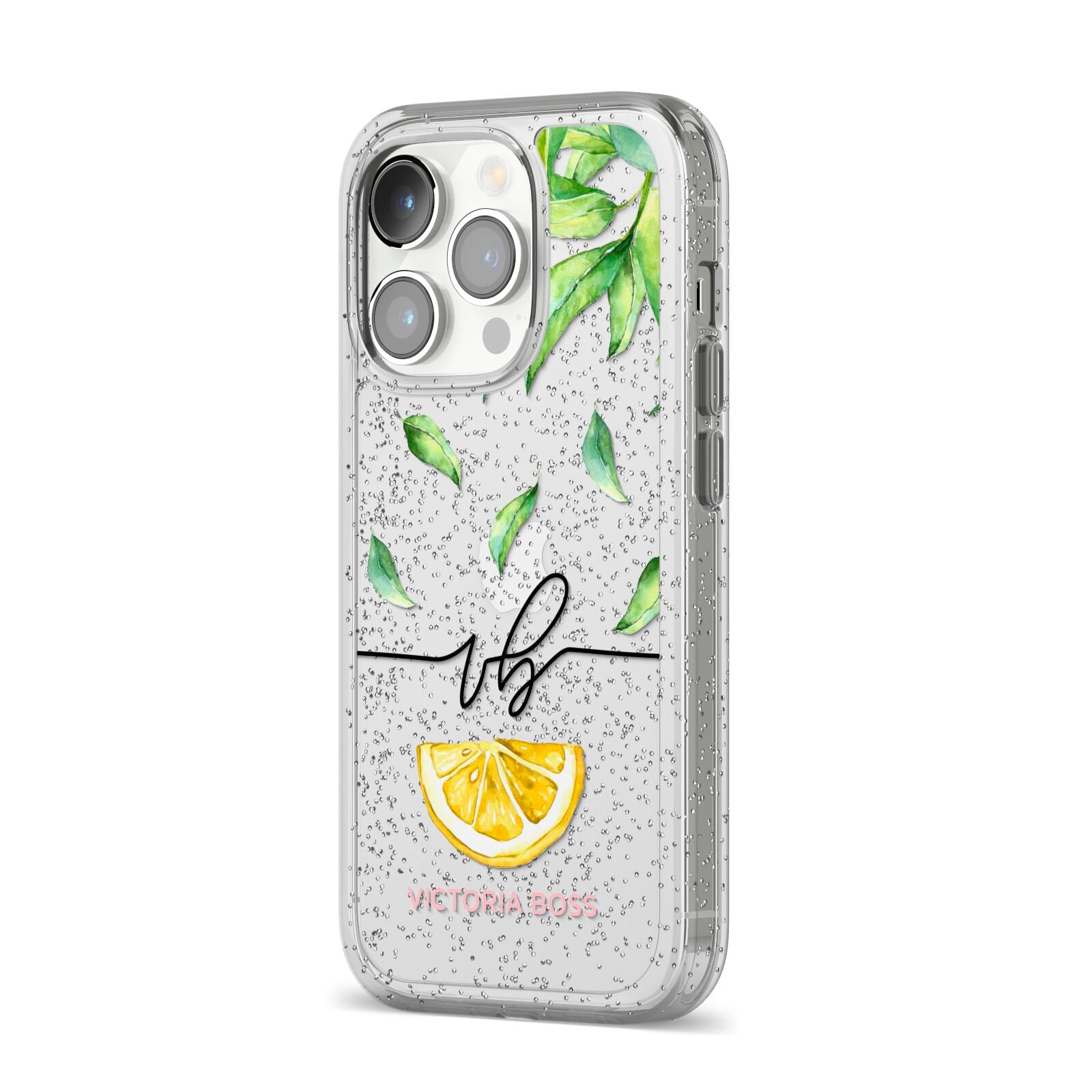 Personalised Lemon Wedge iPhone 14 Pro Glitter Tough Case Silver Angled Image