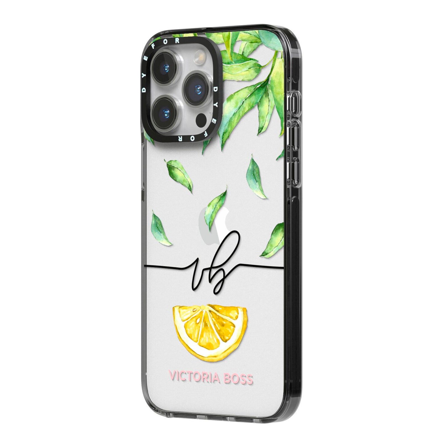 Personalised Lemon Wedge iPhone 14 Pro Max Black Impact Case Side Angle on Silver phone