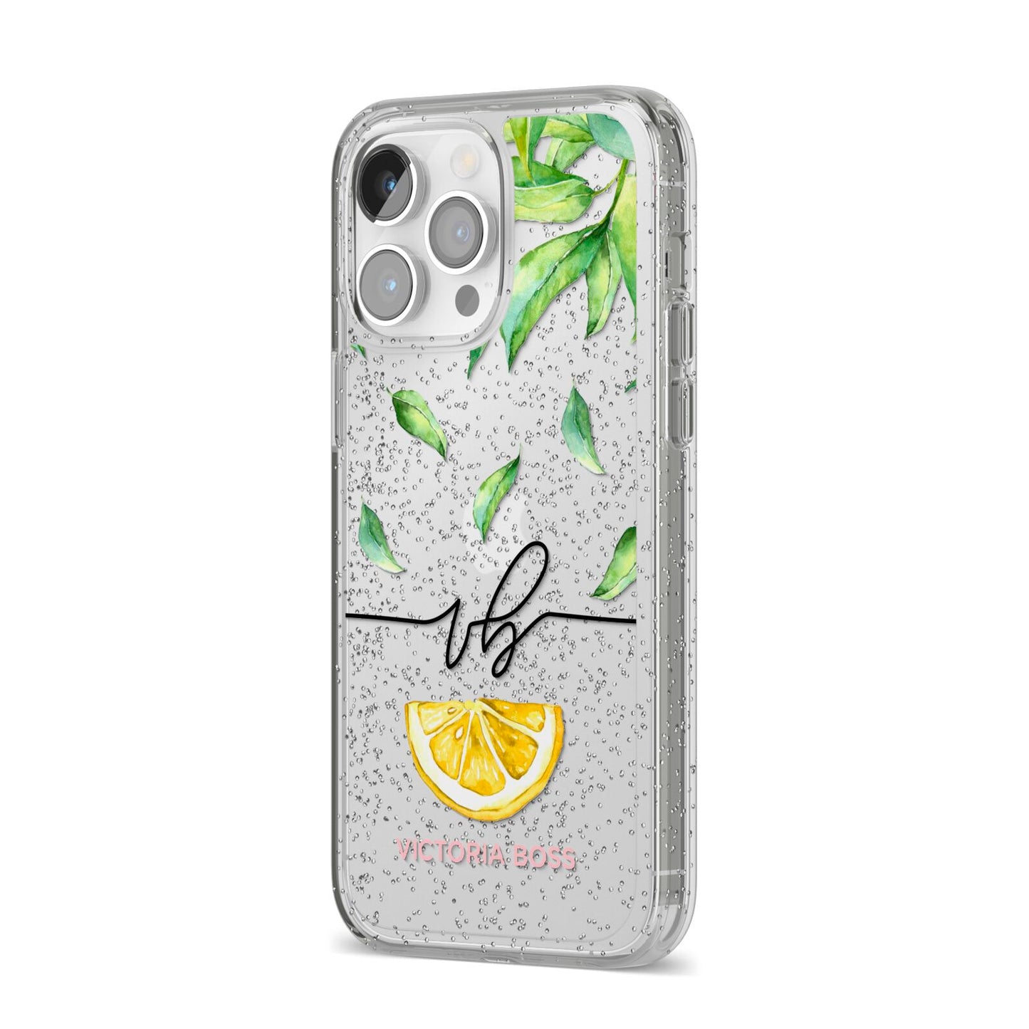 Personalised Lemon Wedge iPhone 14 Pro Max Glitter Tough Case Silver Angled Image