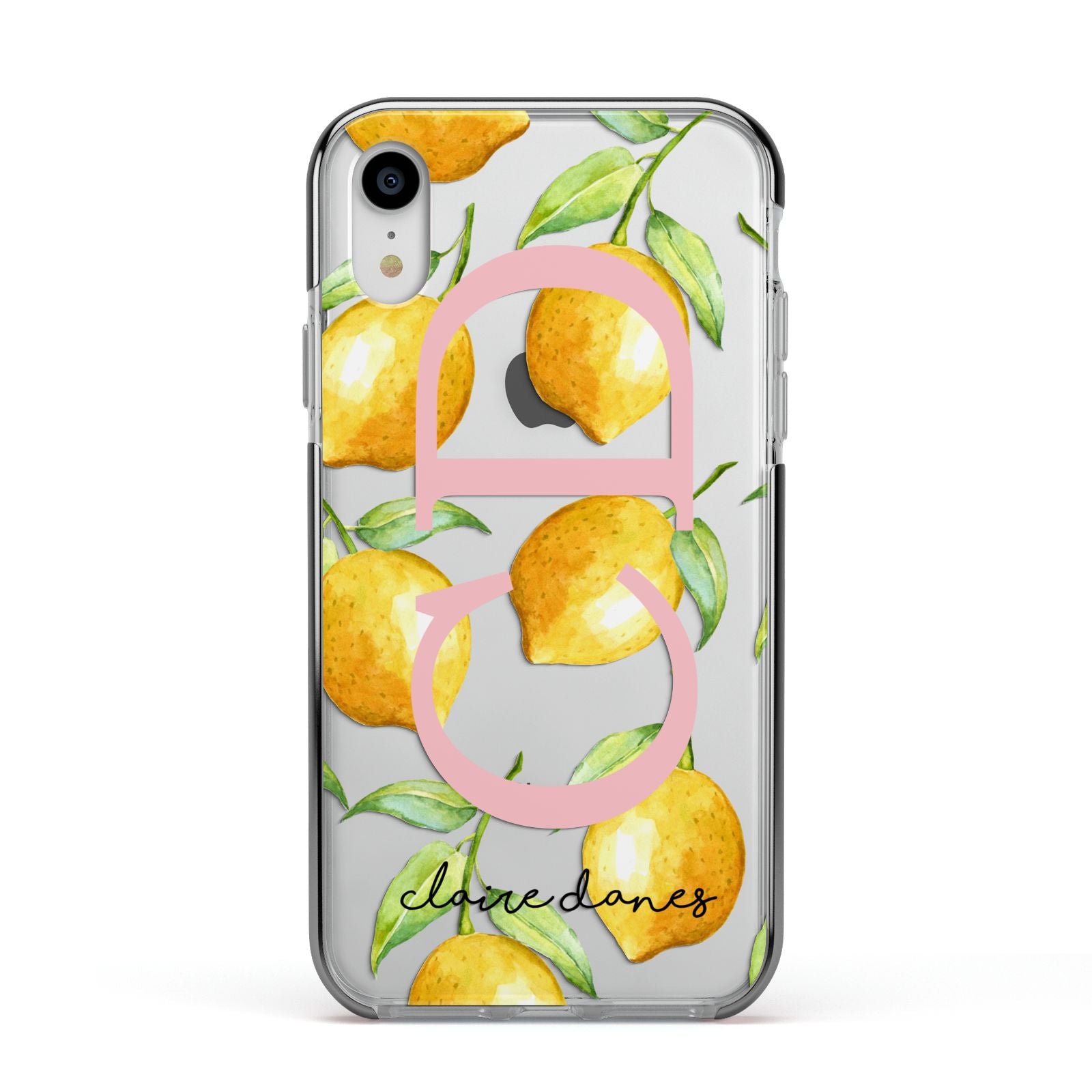 Personalised Lemons Apple iPhone XR Impact Case Black Edge on Silver Phone