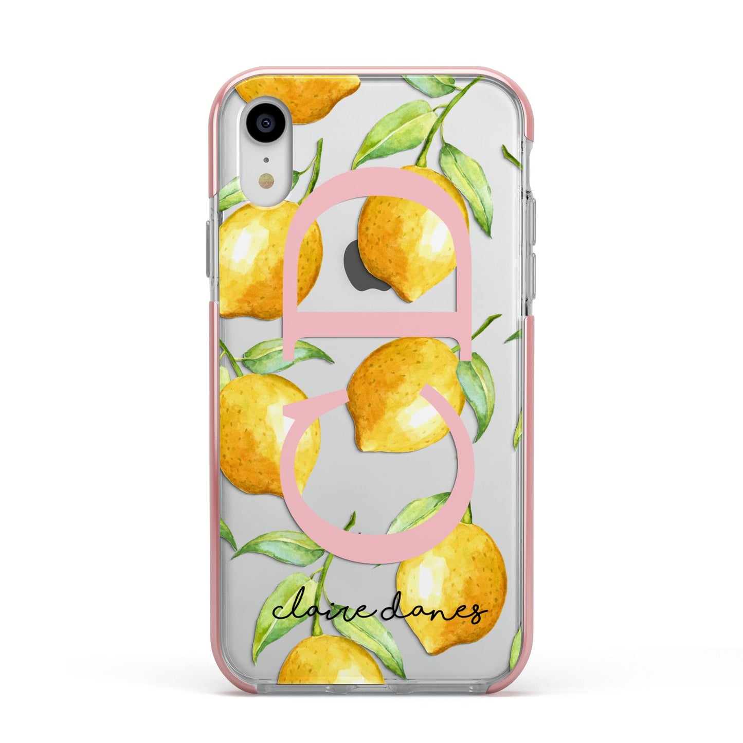 Personalised Lemons Apple iPhone XR Impact Case Pink Edge on Silver Phone