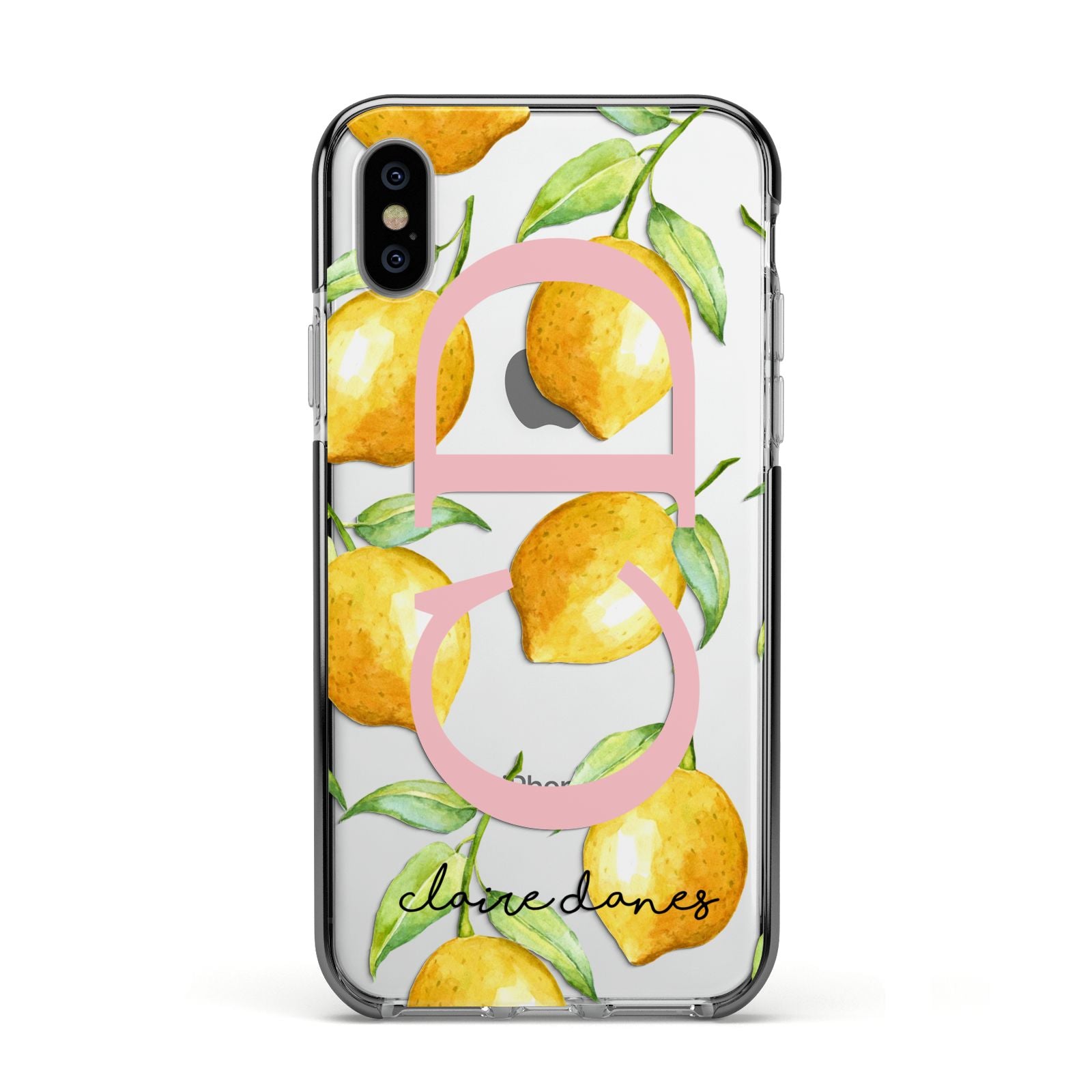 Personalised Lemons Apple iPhone Xs Impact Case Black Edge on Silver Phone