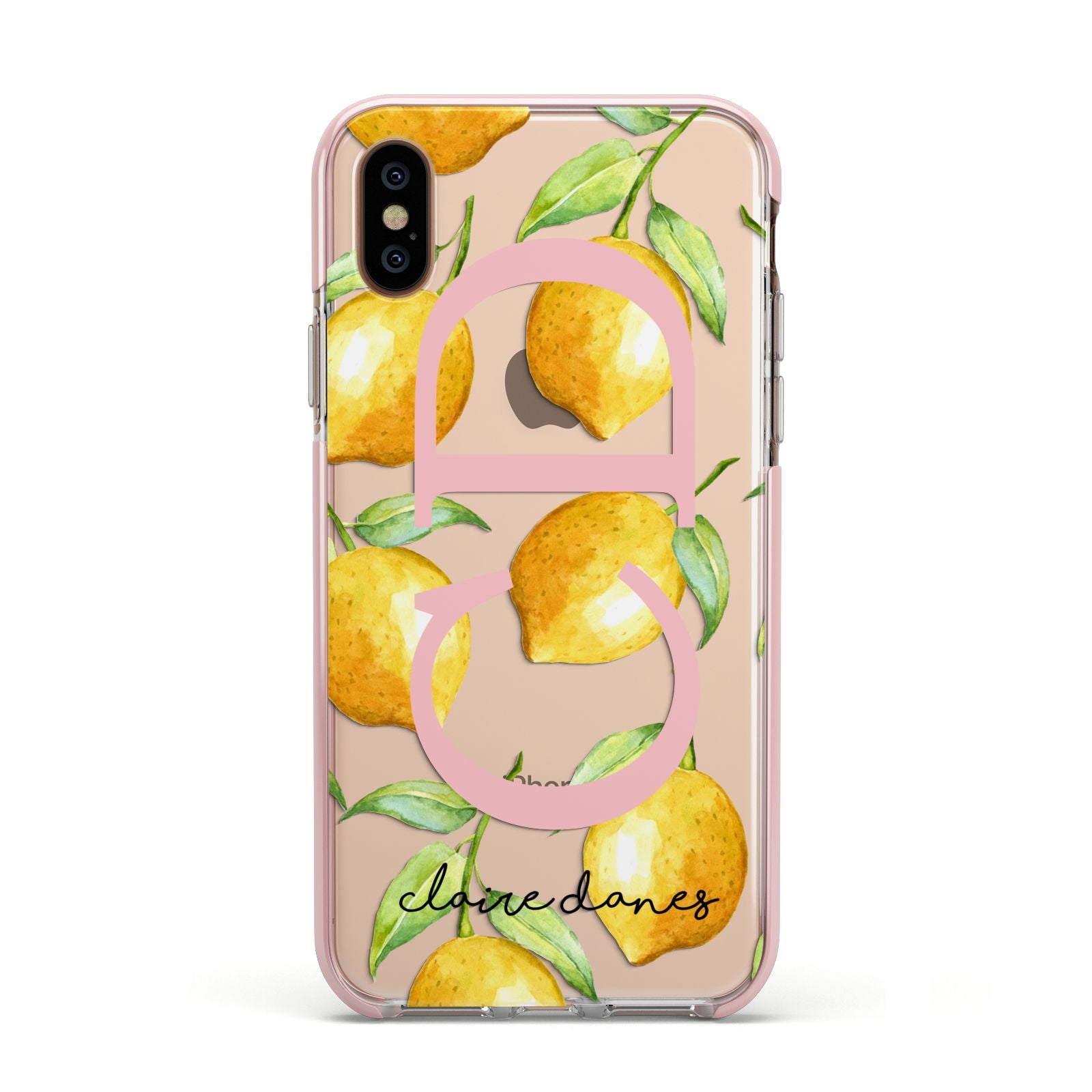 Personalised Lemons Apple iPhone Xs Impact Case Pink Edge on Gold Phone