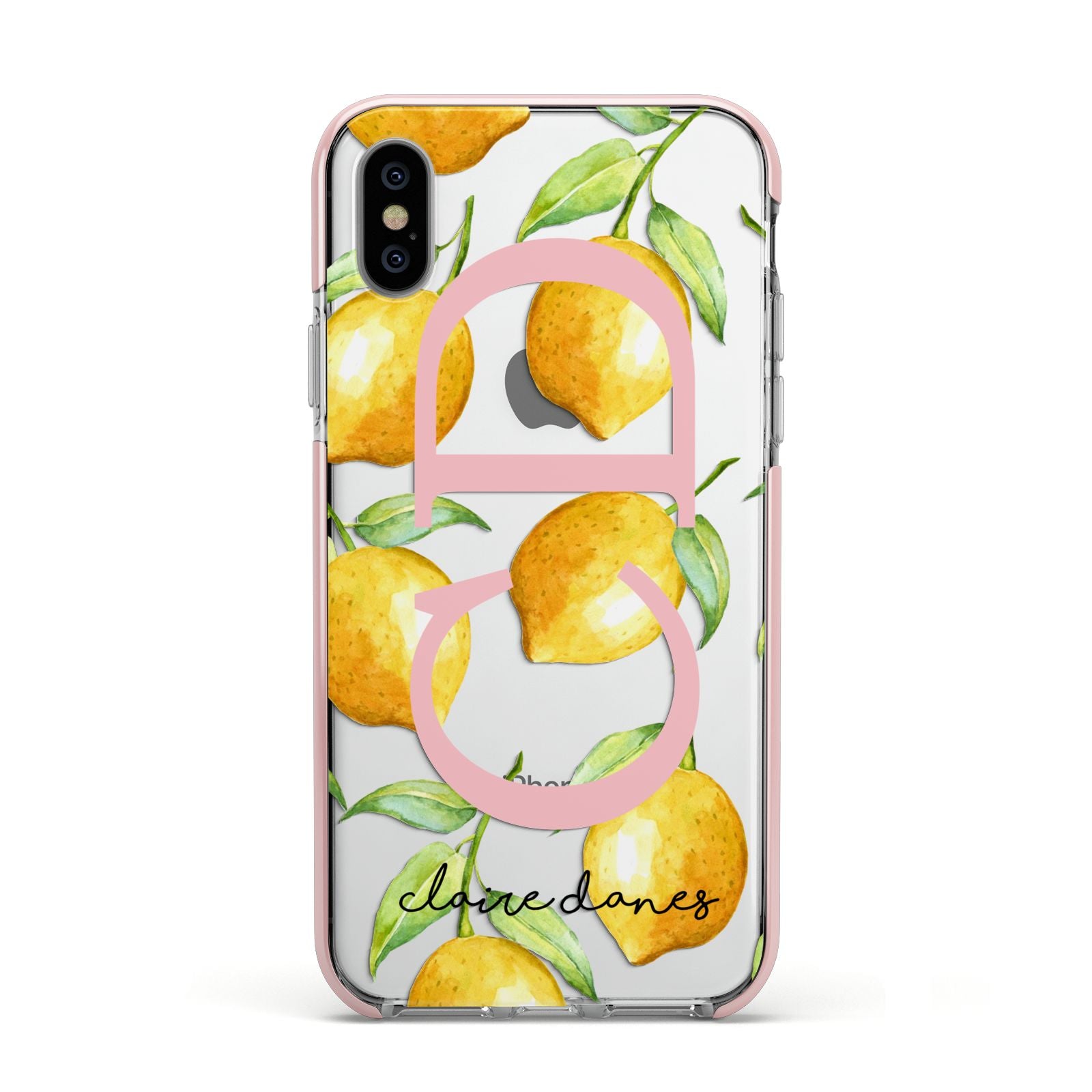 Personalised Lemons Apple iPhone Xs Impact Case Pink Edge on Silver Phone