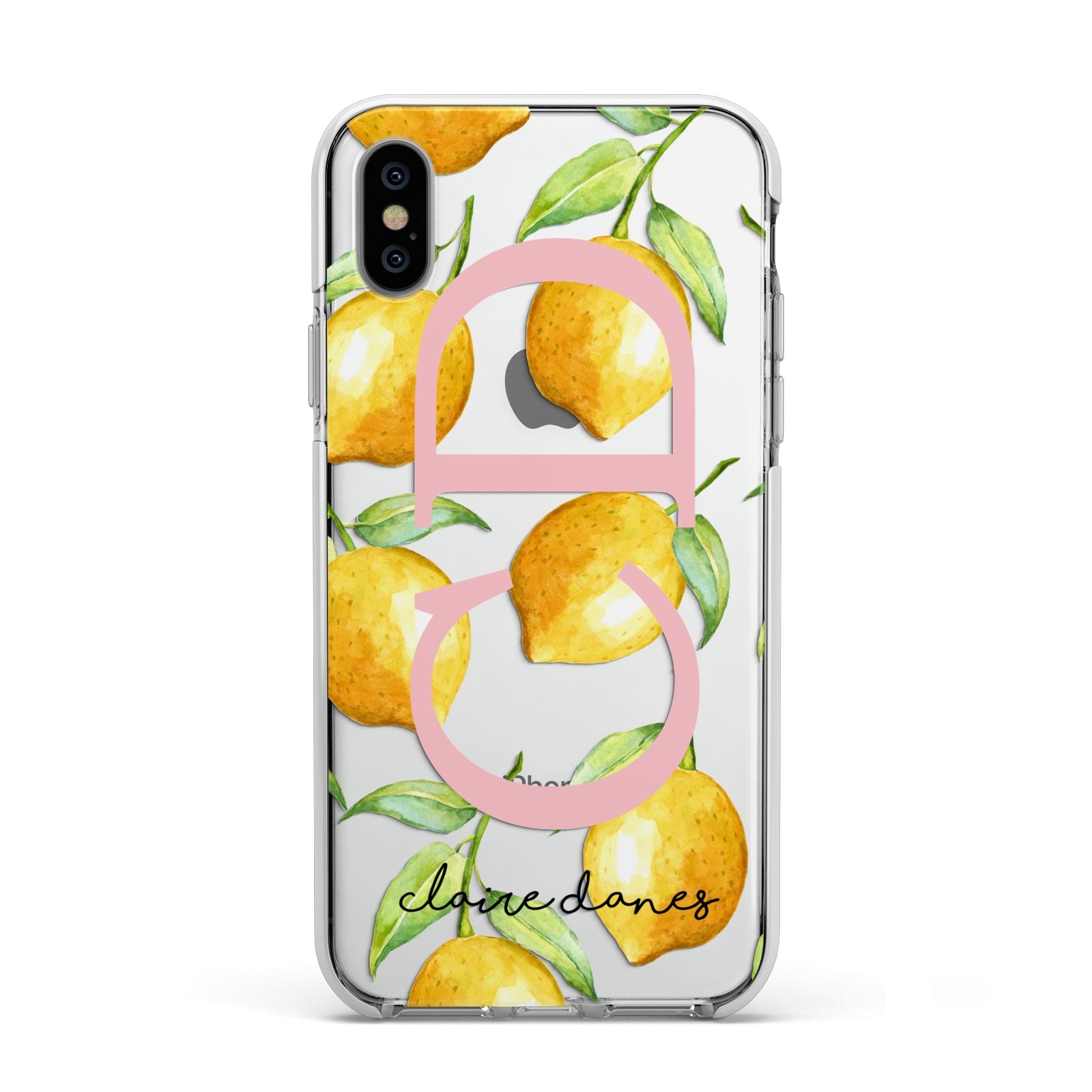 Personalised Lemons Apple iPhone Xs Impact Case White Edge on Silver Phone