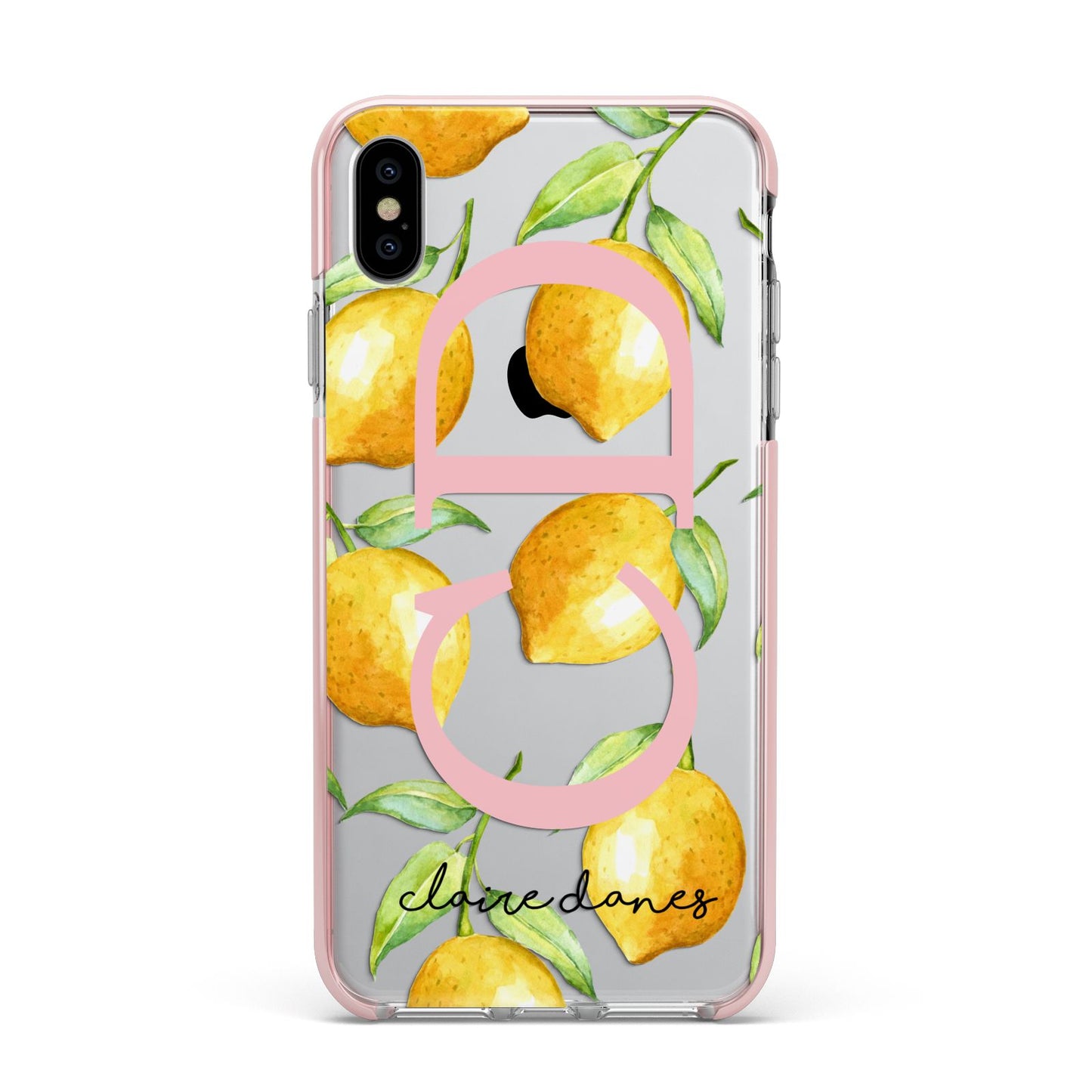 Personalised Lemons Apple iPhone Xs Max Impact Case Pink Edge on Silver Phone