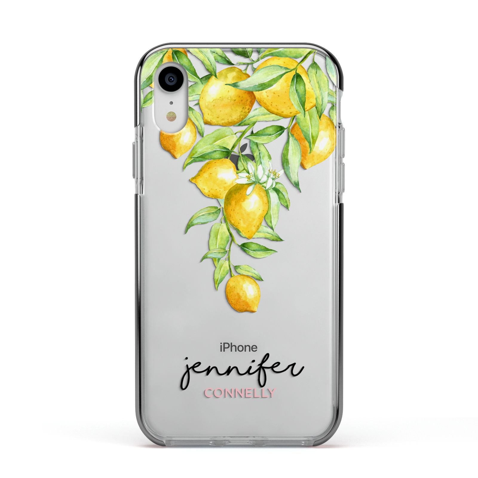 Personalised Lemons Drop Apple iPhone XR Impact Case Black Edge on Silver Phone