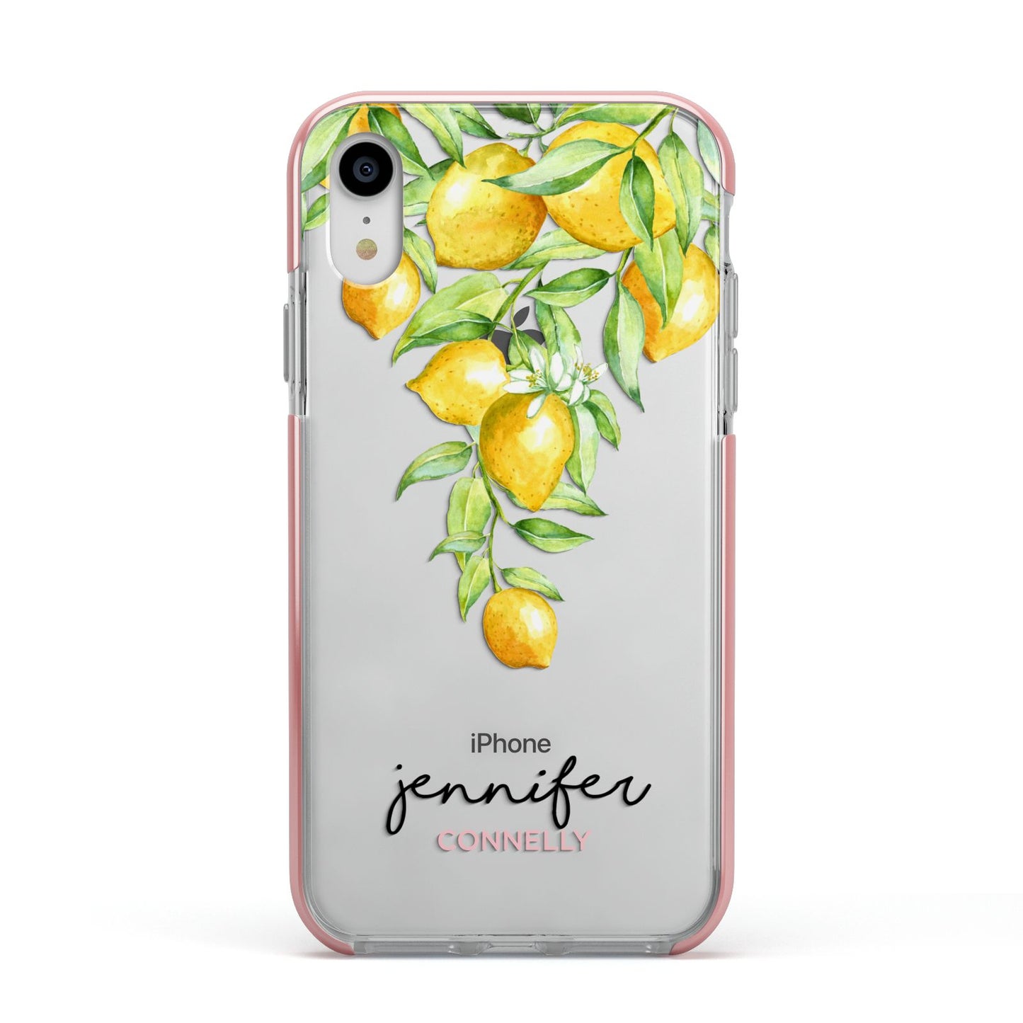 Personalised Lemons Drop Apple iPhone XR Impact Case Pink Edge on Silver Phone