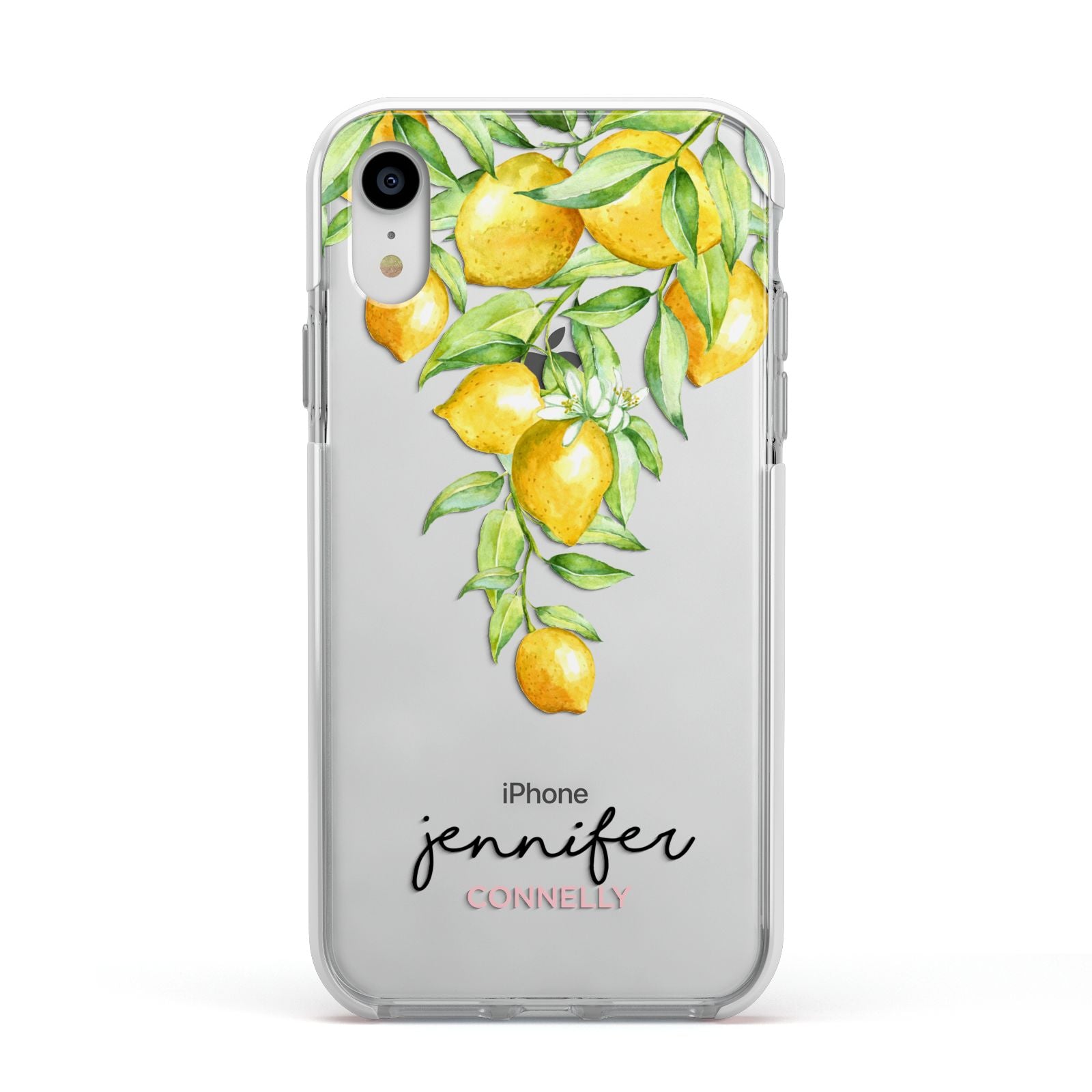 Personalised Lemons Drop Apple iPhone XR Impact Case White Edge on Silver Phone
