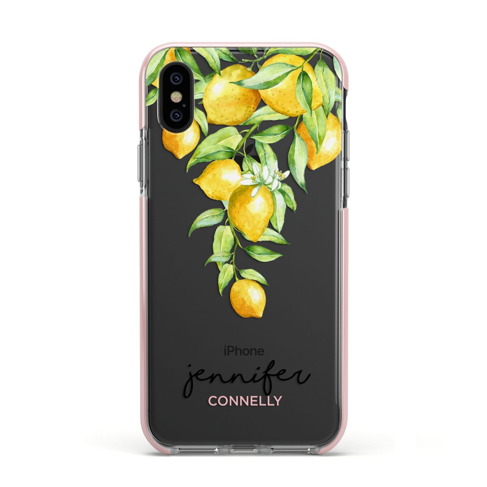 Personalised Lemons Drop Apple iPhone Xs Impact Case Pink Edge on Black Phone