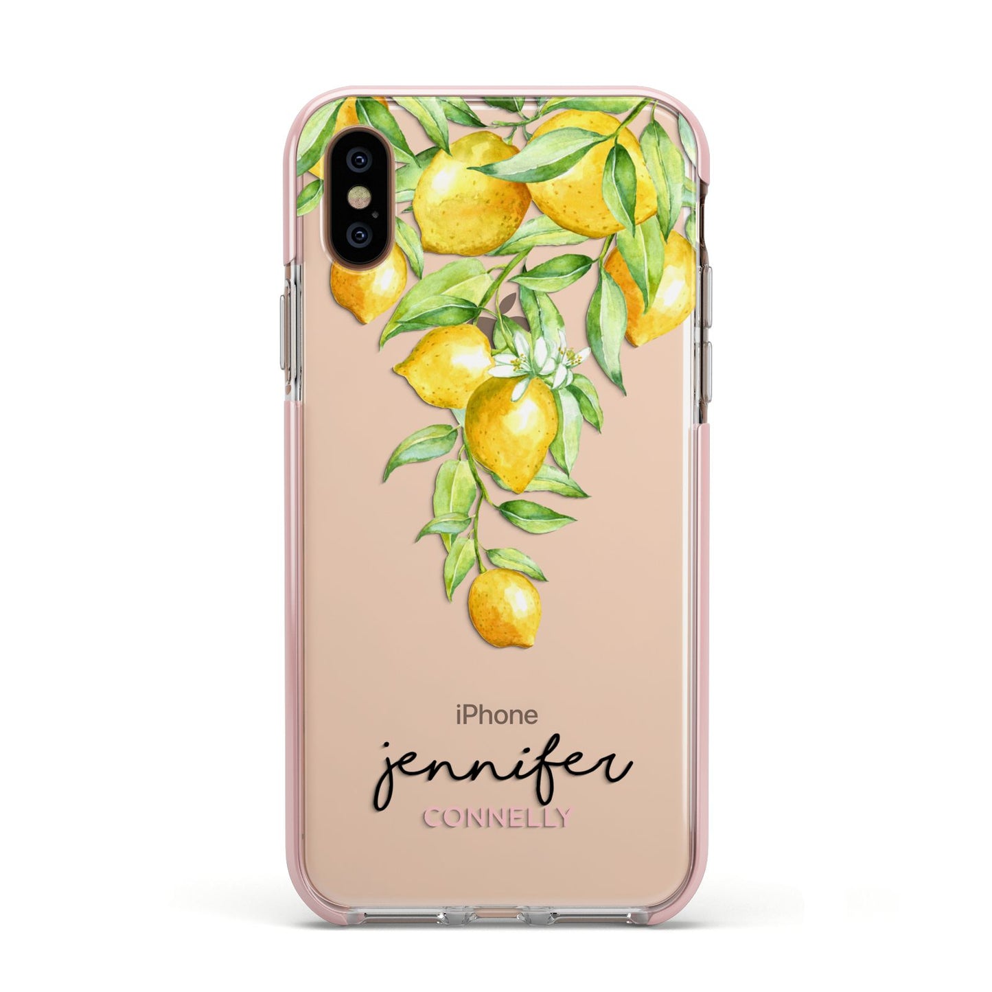 Personalised Lemons Drop Apple iPhone Xs Impact Case Pink Edge on Gold Phone