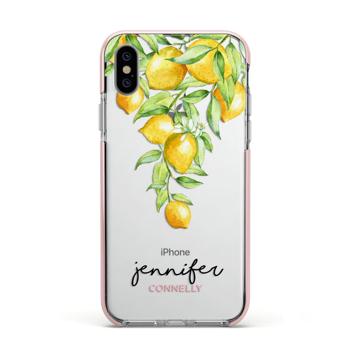 Personalised Lemons Drop Apple iPhone Xs Impact Case Pink Edge on Silver Phone