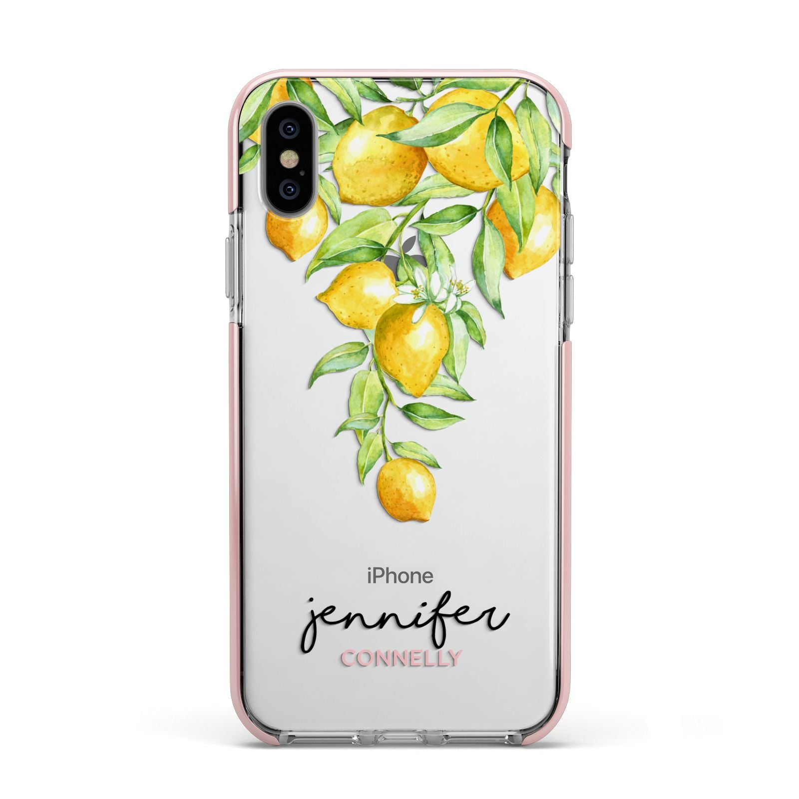 Personalised Lemons Drop Apple iPhone Xs Impact Case Pink Edge on Silver Phone