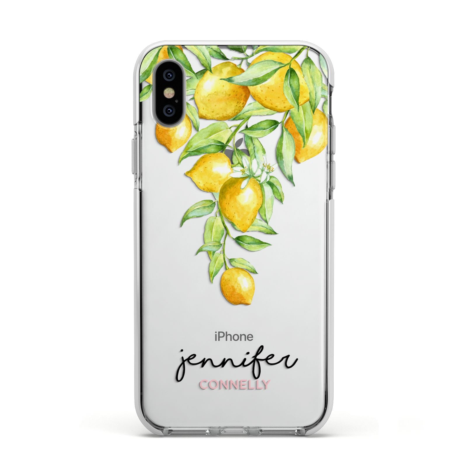 Personalised Lemons Drop Apple iPhone Xs Impact Case White Edge on Silver Phone