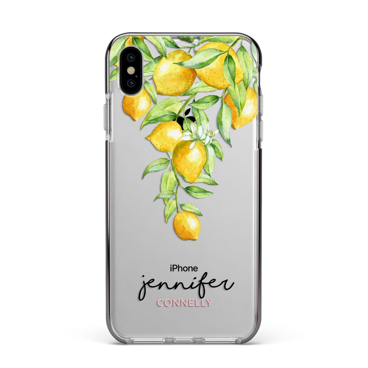 Personalised Lemons Drop Apple iPhone Xs Max Impact Case Black Edge on Silver Phone