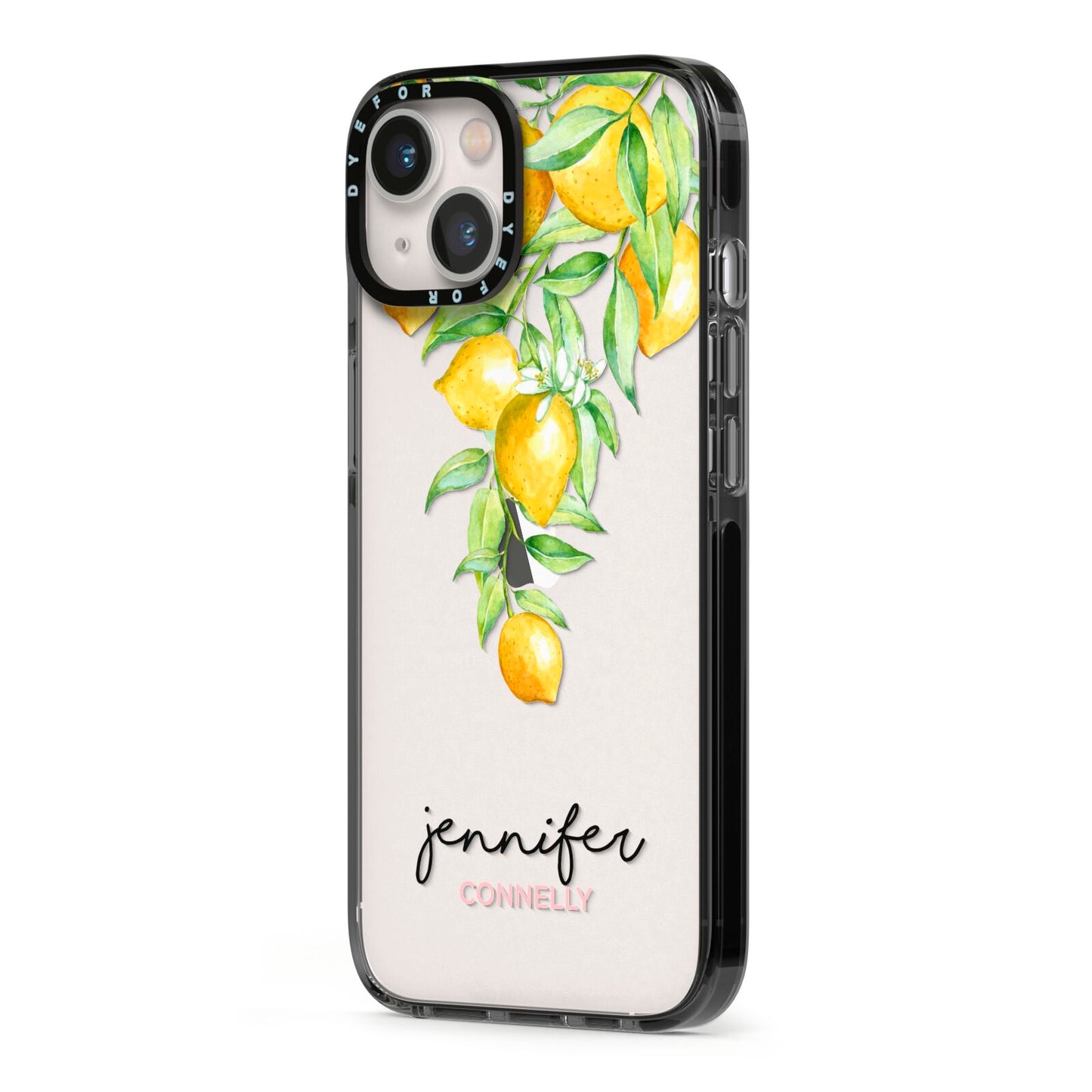 Personalised Lemons Drop iPhone 13 Black Impact Case Side Angle on Silver phone