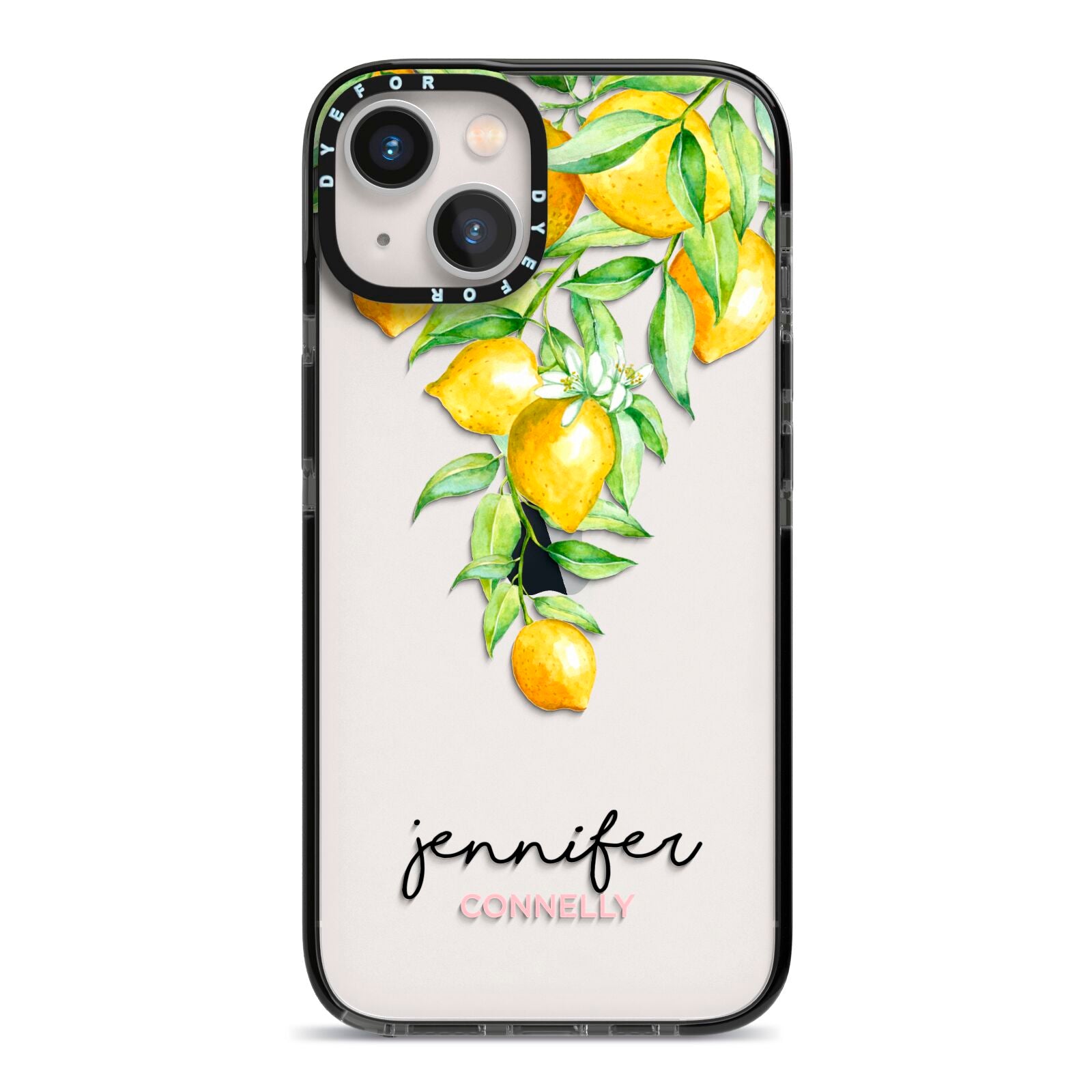 Personalised Lemons Drop iPhone 13 Black Impact Case on Silver phone