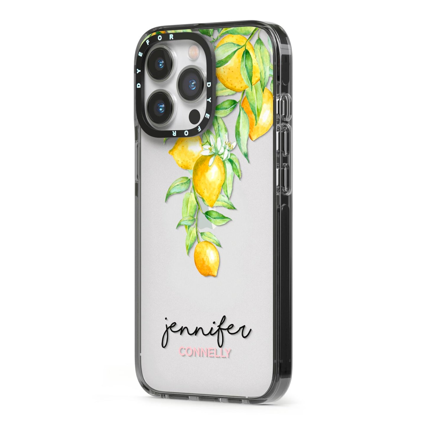 Personalised Lemons Drop iPhone 13 Pro Black Impact Case Side Angle on Silver phone