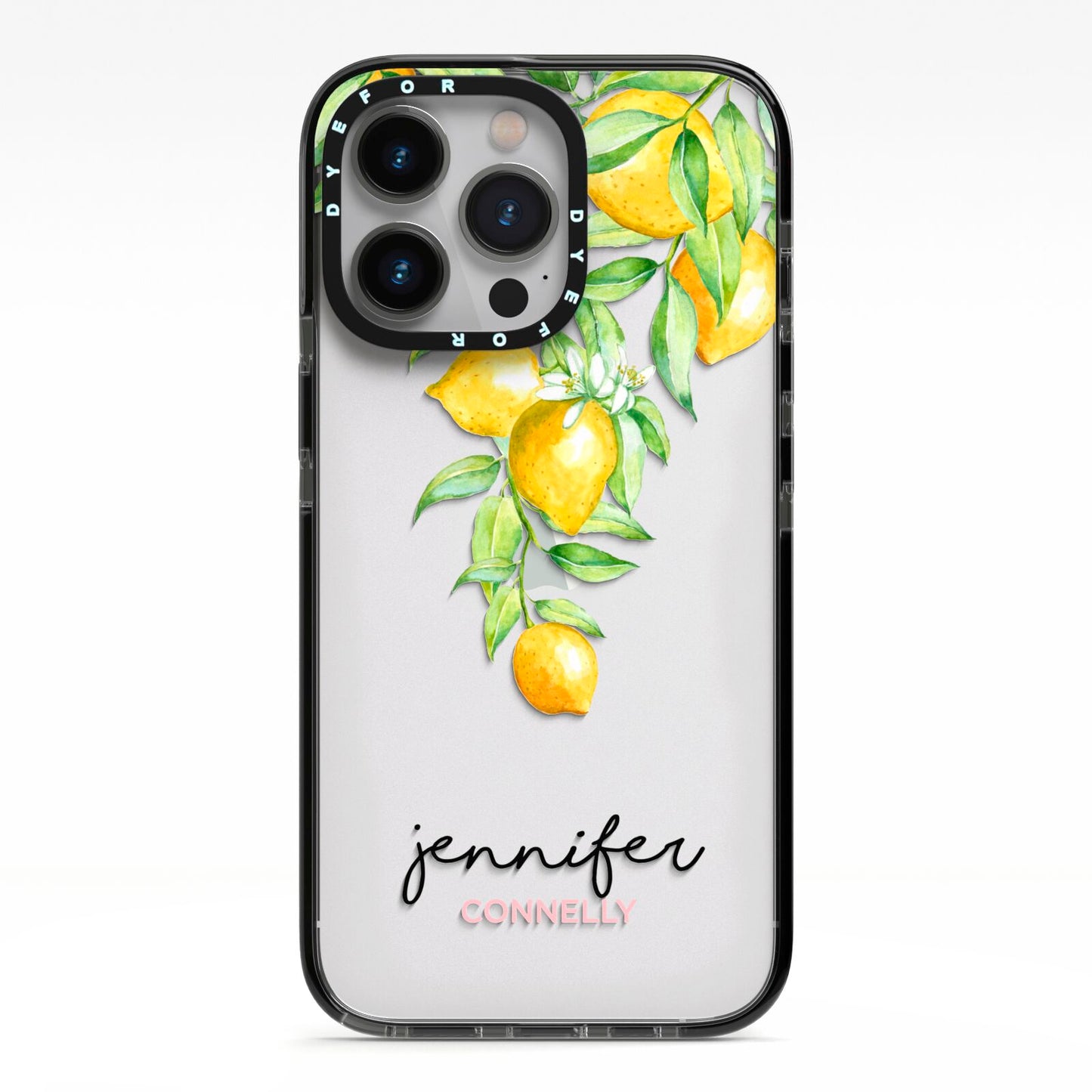 Personalised Lemons Drop iPhone 13 Pro Black Impact Case on Silver phone