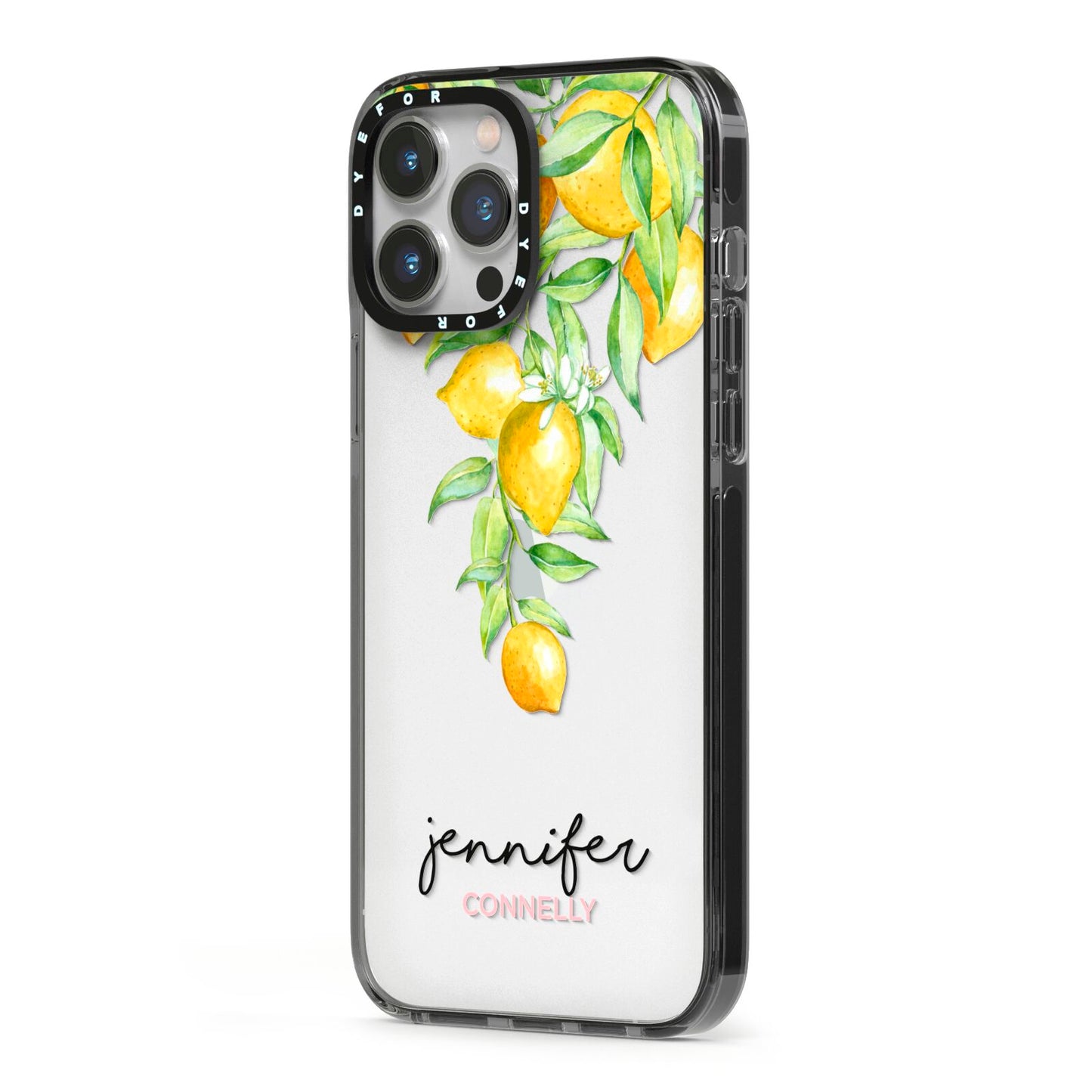 Personalised Lemons Drop iPhone 13 Pro Max Black Impact Case Side Angle on Silver phone
