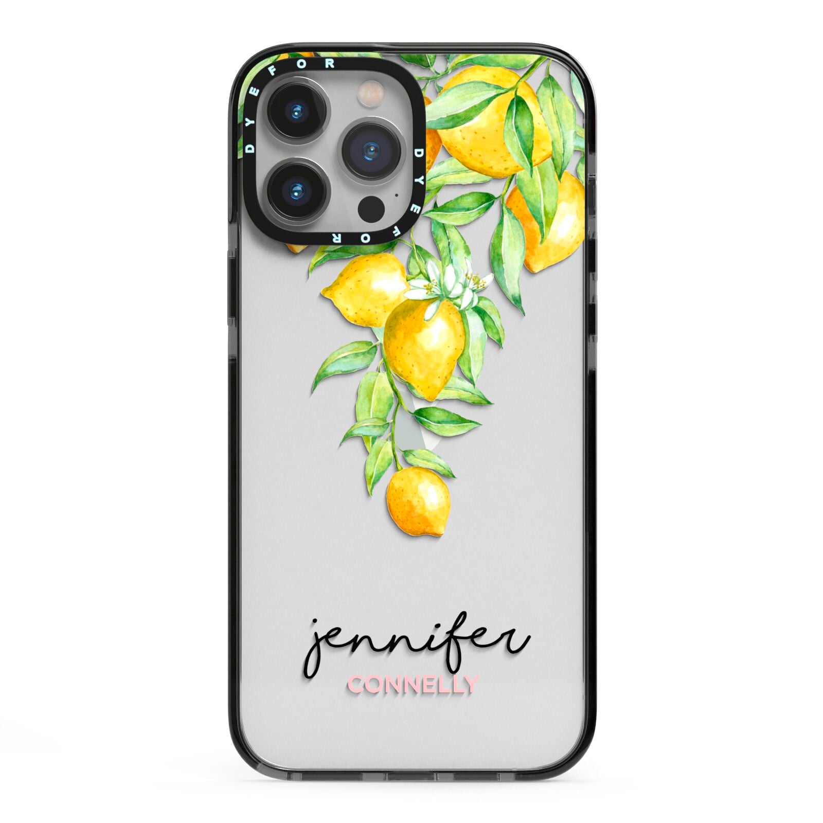 Personalised Lemons Drop iPhone 13 Pro Max Black Impact Case on Silver phone