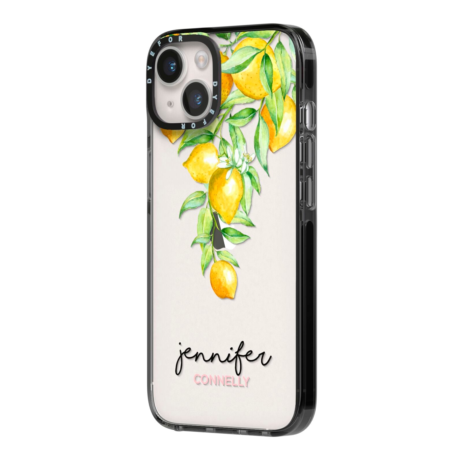 Personalised Lemons Drop iPhone 14 Black Impact Case Side Angle on Silver phone