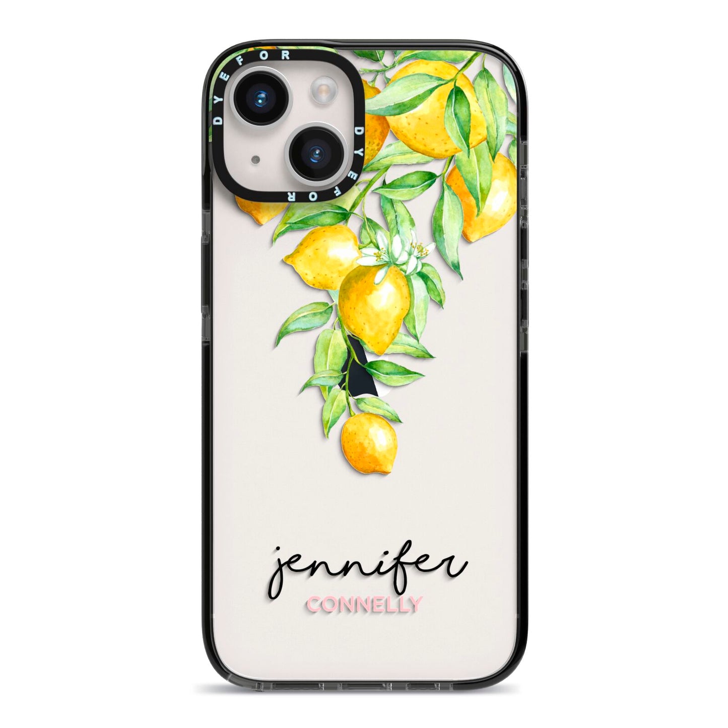 Personalised Lemons Drop iPhone 14 Black Impact Case on Silver phone