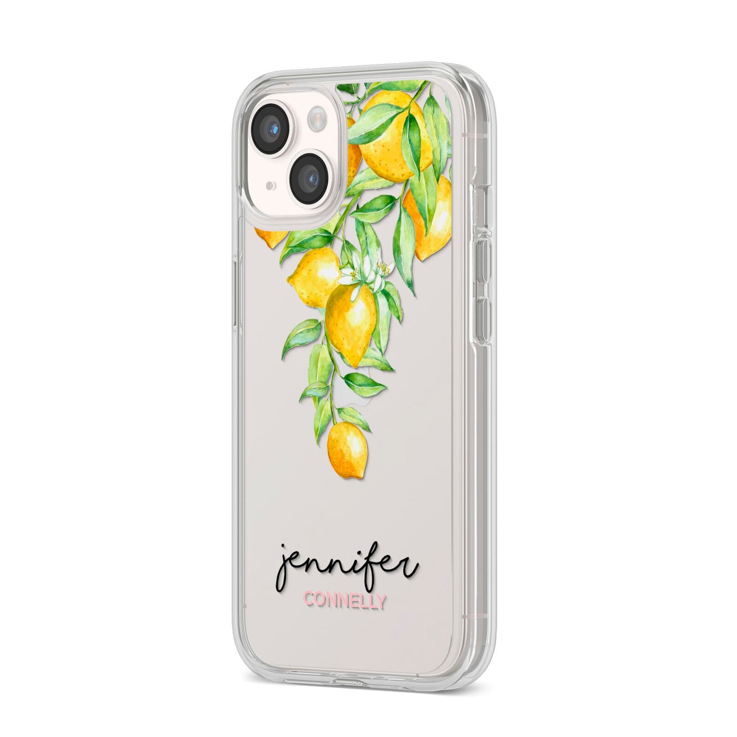 Personalised Lemons Drop iPhone 14 Clear Tough Case Starlight Angled Image