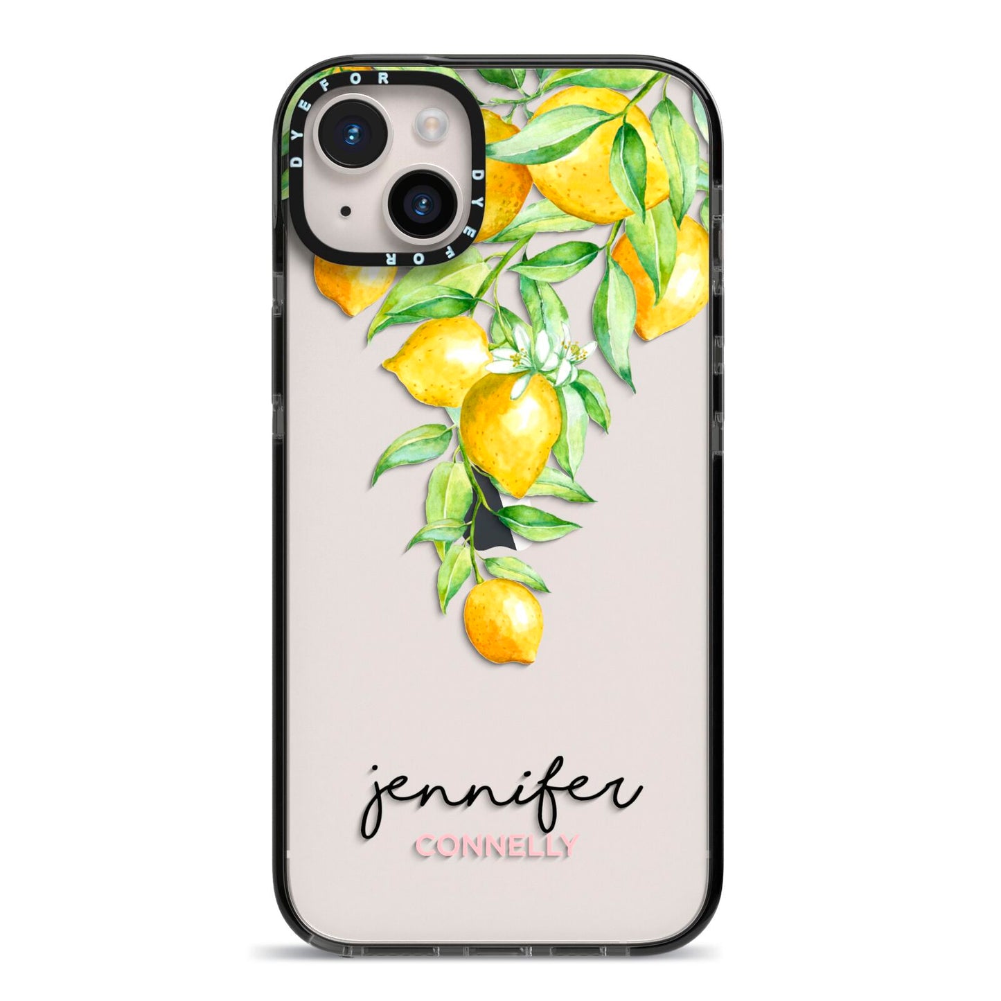 Personalised Lemons Drop iPhone 14 Plus Black Impact Case on Silver phone