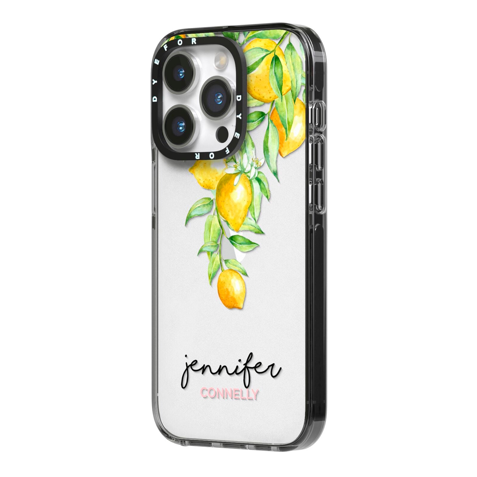 Personalised Lemons Drop iPhone 14 Pro Black Impact Case Side Angle on Silver phone