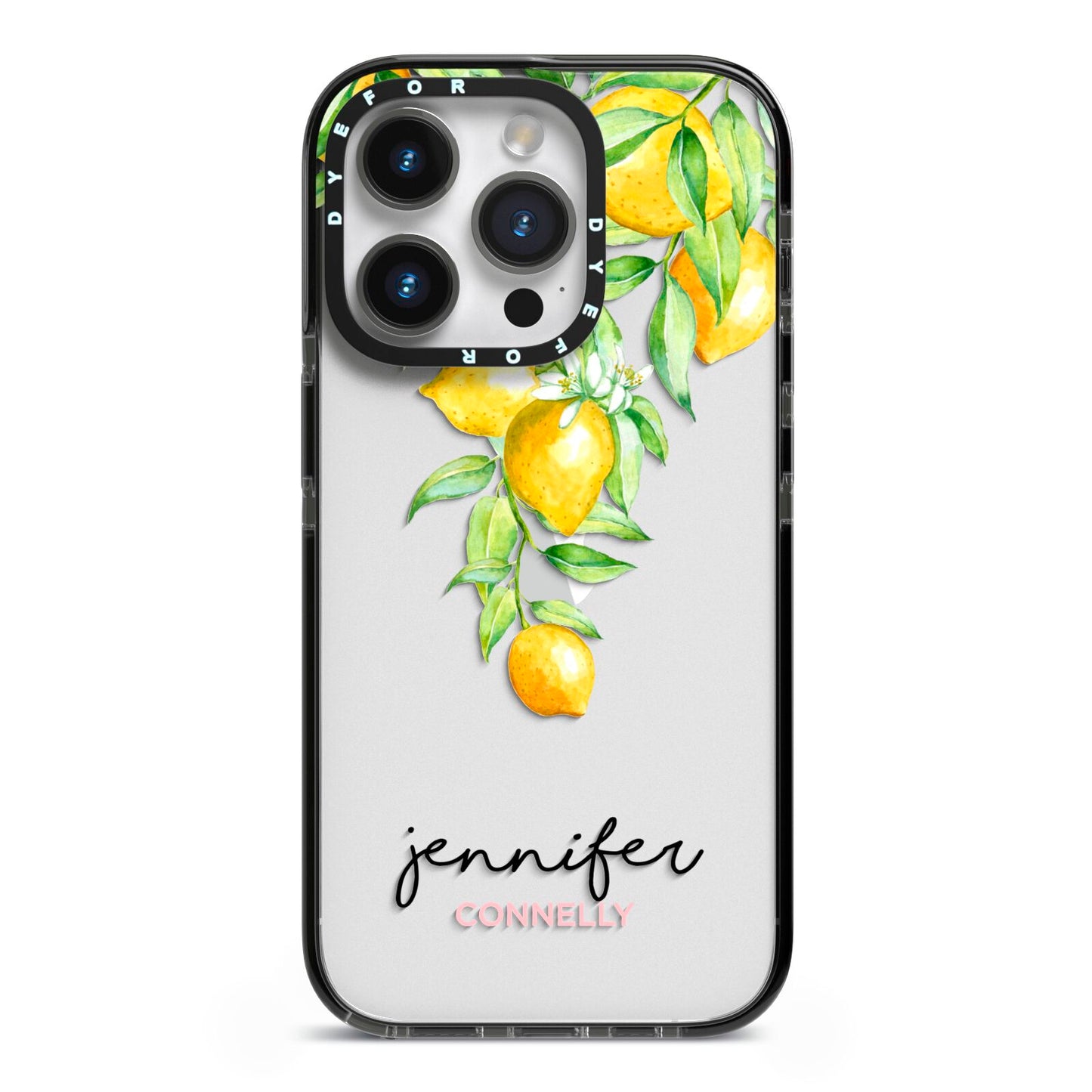 Personalised Lemons Drop iPhone 14 Pro Black Impact Case on Silver phone