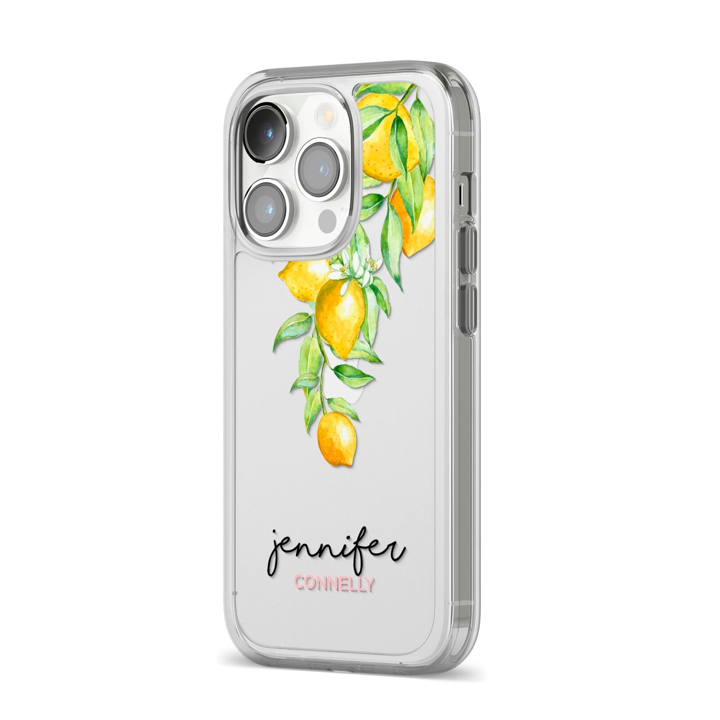 Personalised Lemons Drop iPhone 14 Pro Clear Tough Case Silver Angled Image