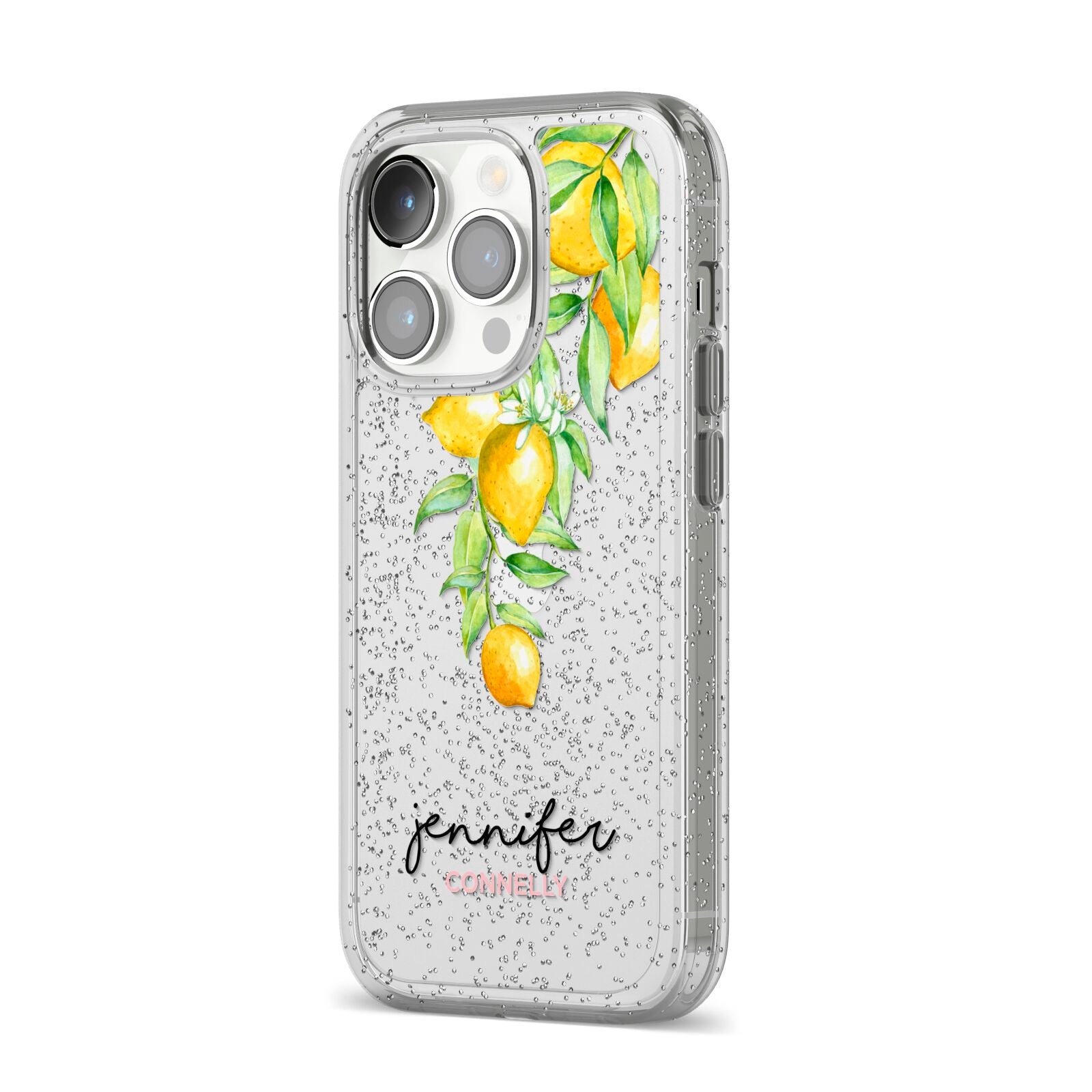 Personalised Lemons Drop iPhone 14 Pro Glitter Tough Case Silver Angled Image