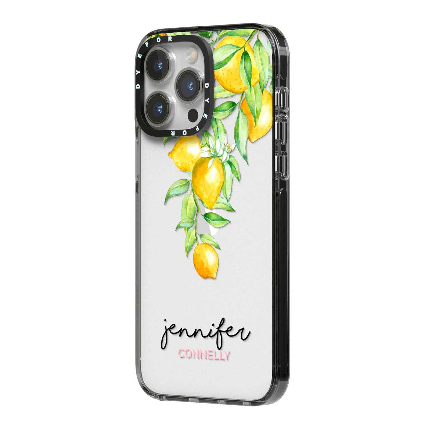 Personalised Lemons Drop iPhone 14 Pro Max Black Impact Case Side Angle on Silver phone